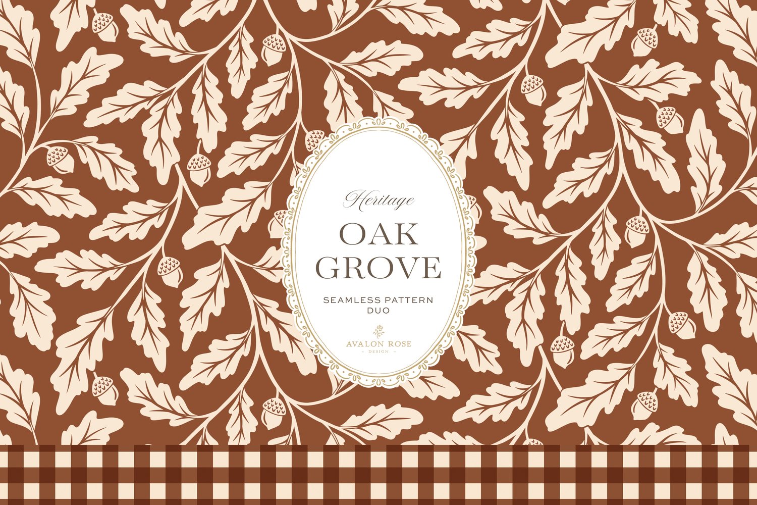 Oak Grove seamless surface pattern duo features hand drawn oak leaves and acorns in a flowing tonal design, paired with a coordinating gingham check in rust