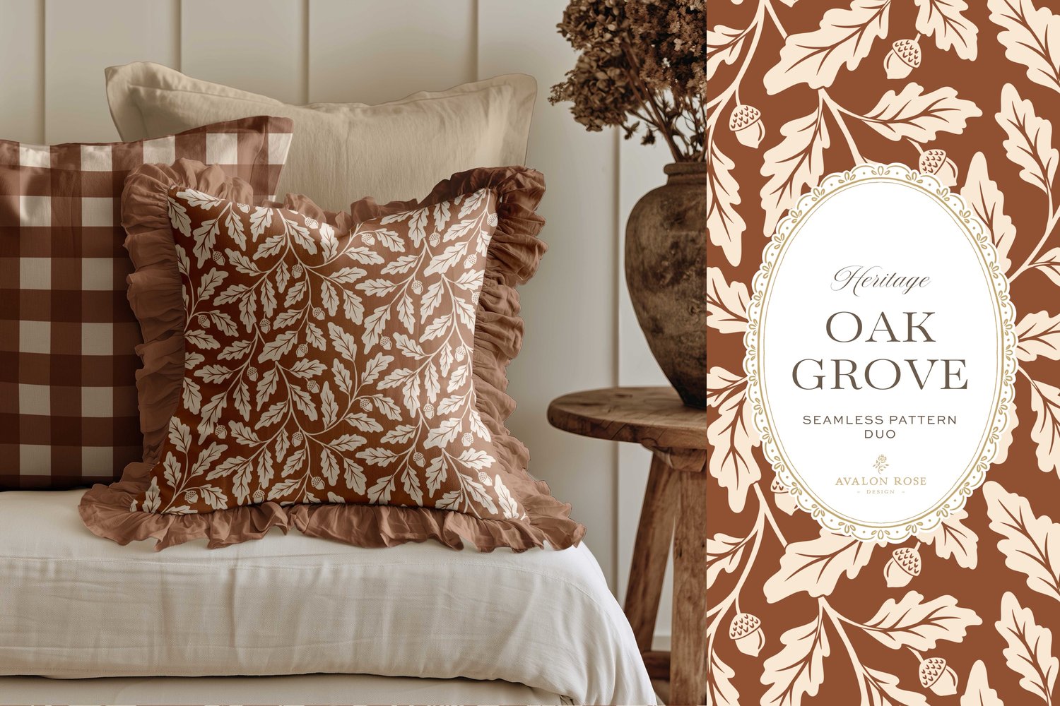 Oak Grove seamless surface pattern duo features hand drawn oak leaves and acorns in a flowing tonal design, paired with a coordinating gingham check in rust on a throw pillow