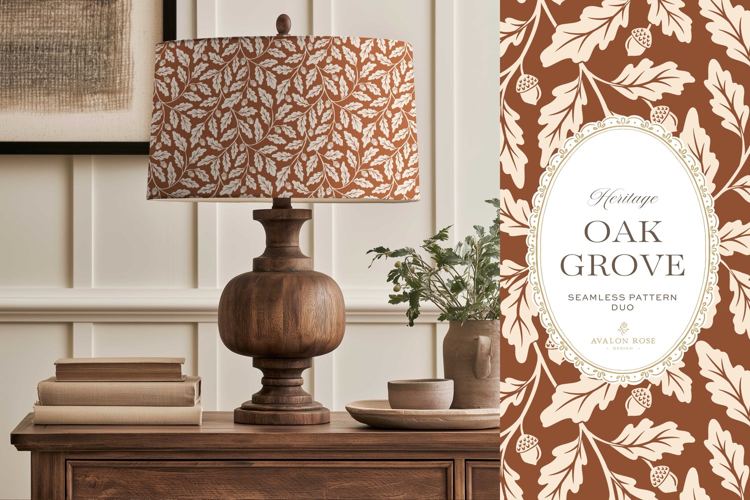 Oak Grove seamless surface pattern duo features hand drawn oak leaves and acorns in a flowing tonal design, paired with a coordinating gingham check in rust on a lampshade