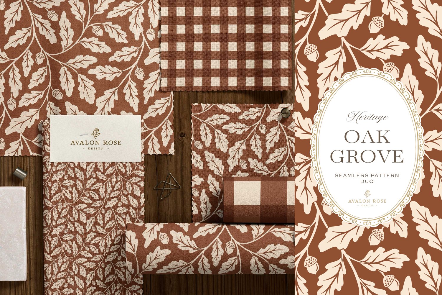 Oak Grove seamless surface pattern duo features hand drawn oak leaves and acorns in a flowing tonal design, paired with a coordinating gingham check in rust on fabric and wallpaper swatches