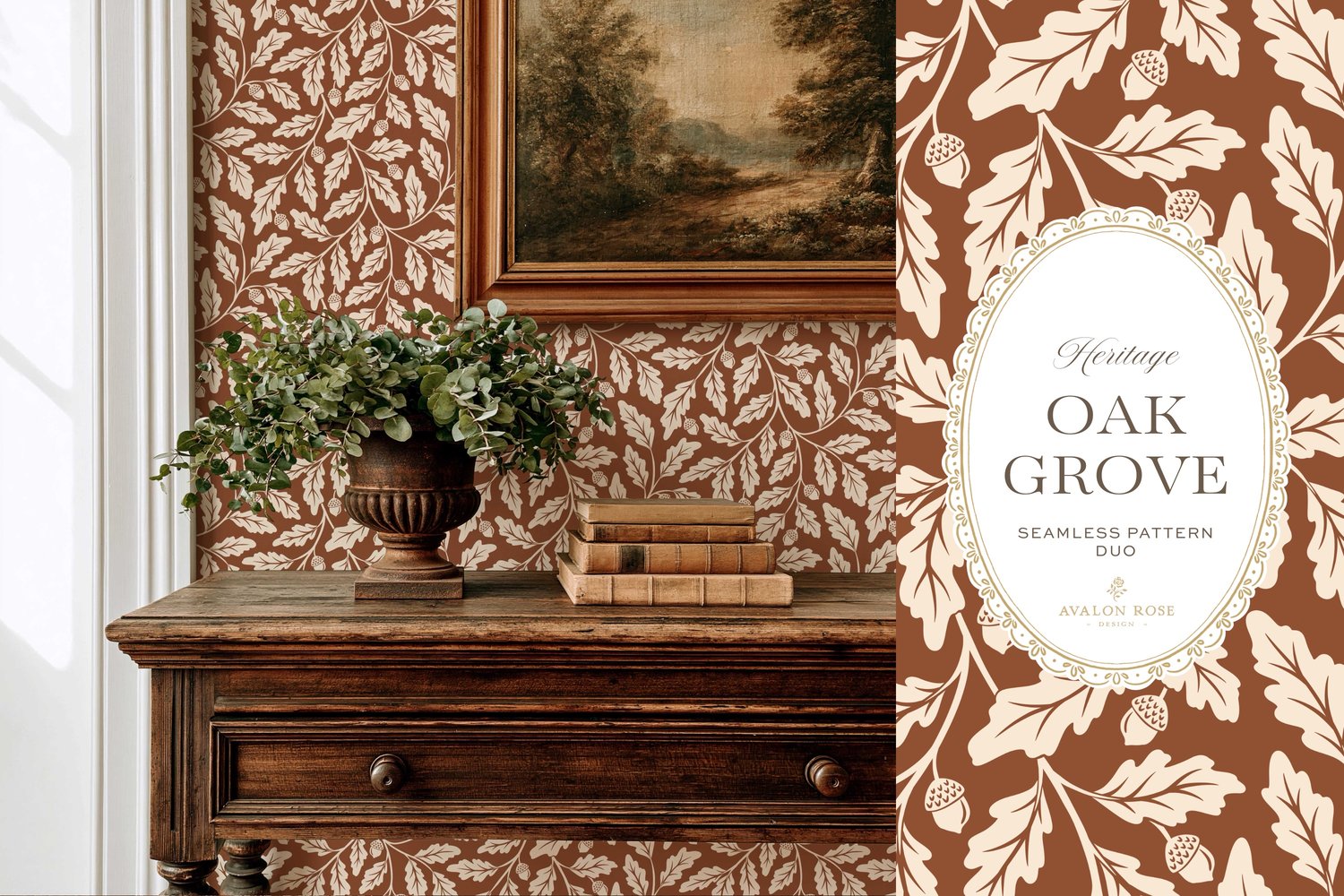 Oak Grove seamless surface pattern duo features hand drawn oak leaves and acorns in a flowing tonal design, paired with a coordinating gingham check in rust on wallpaper