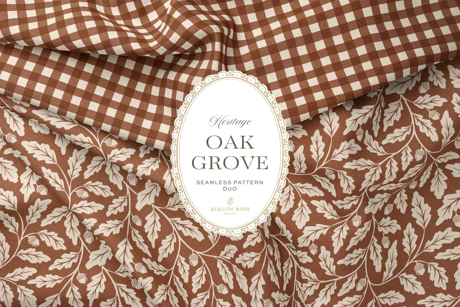 Oak Grove seamless surface pattern duo features hand drawn oak leaves and acorns in a flowing tonal design, paired with a coordinating gingham check in rust on fabric