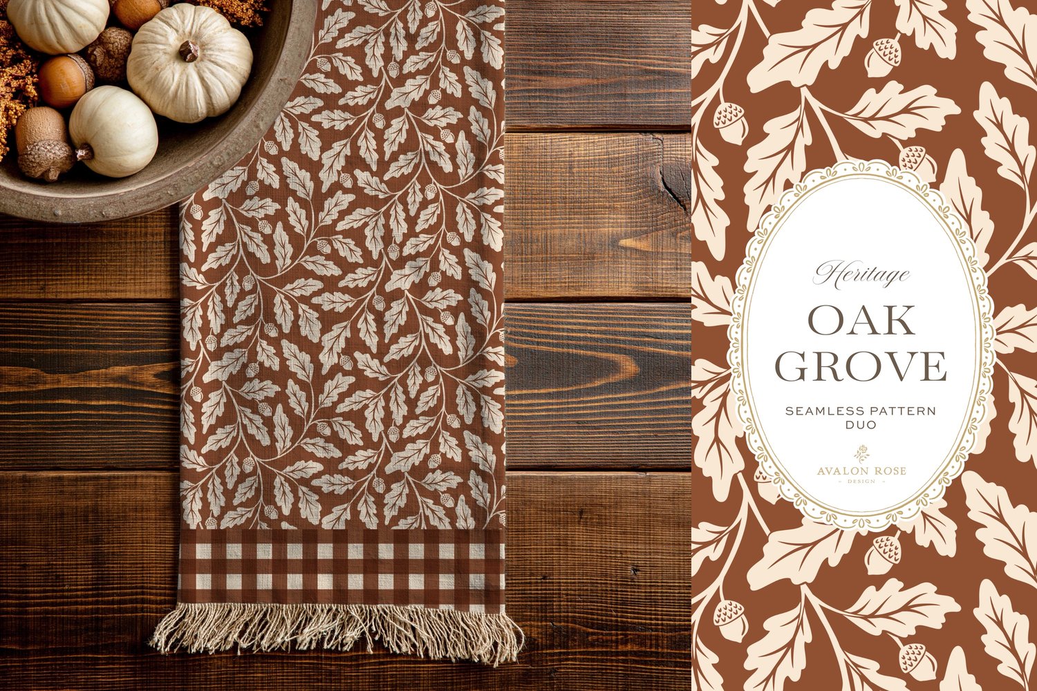 Oak Grove seamless surface pattern duo features hand drawn oak leaves and acorns in a flowing tonal design, paired with a coordinating gingham check in rust on a table runner