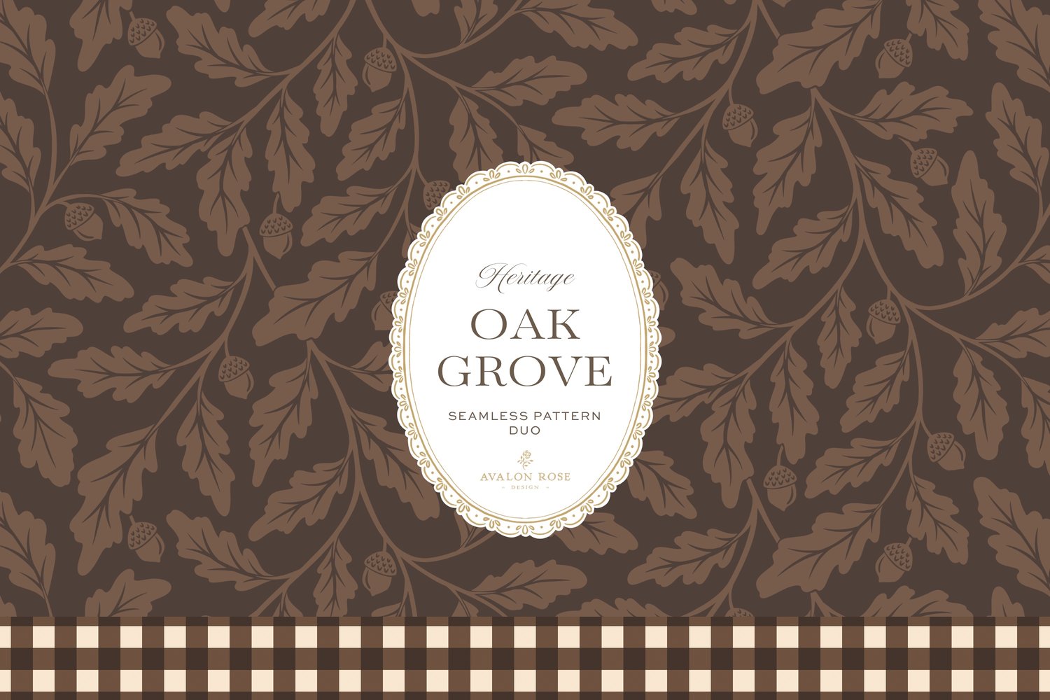 Oak Grove seamless surface pattern duo features hand drawn oak leaves and acorns in a flowing tonal design, paired with a coordinating gingham check in dark brown