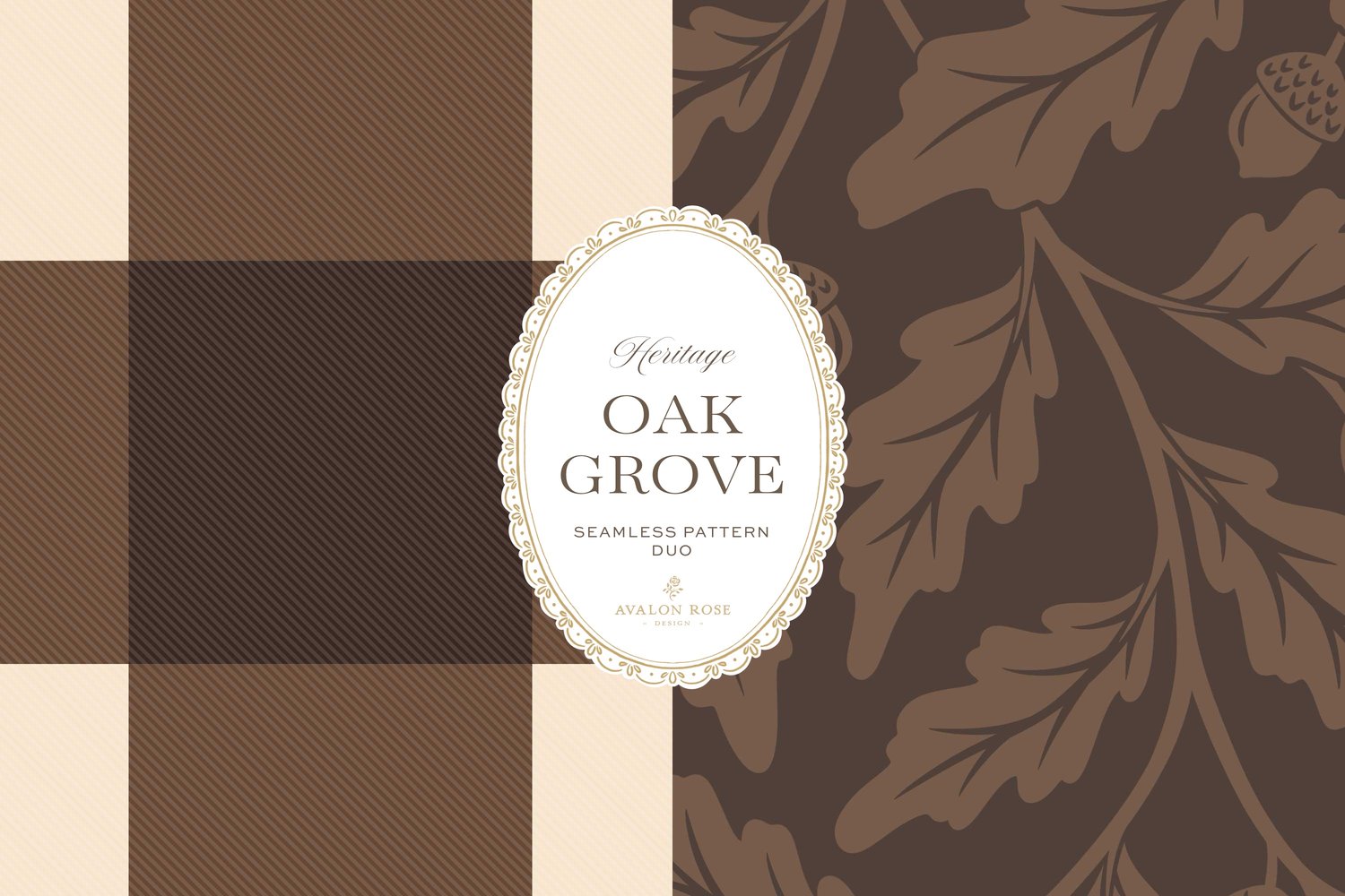 Oak Grove seamless surface pattern duo features hand drawn oak leaves and acorns in a flowing tonal design, paired with a coordinating gingham check in dark brown