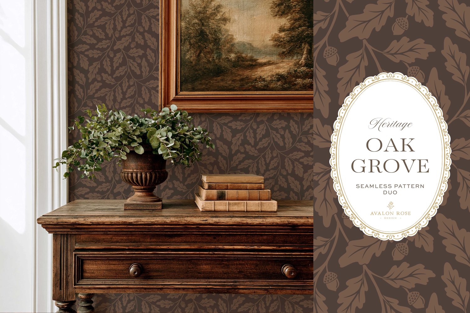 Oak Grove seamless surface pattern duo features hand drawn oak leaves and acorns in a flowing tonal design, paired with a coordinating gingham check in dark brown on wallpaper