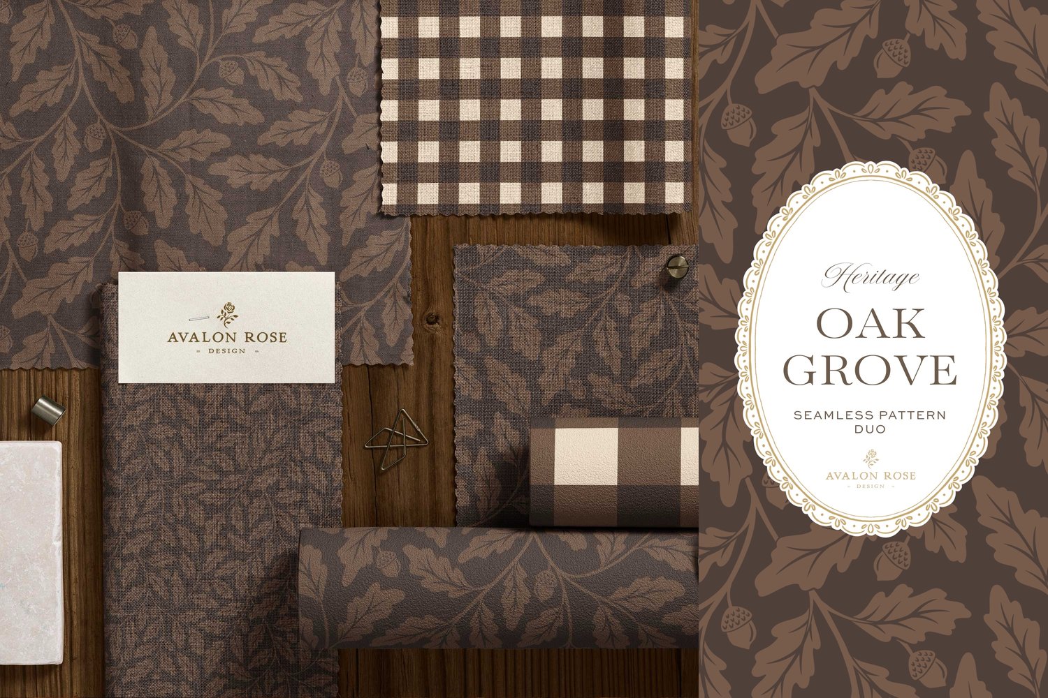 Oak Grove seamless surface pattern duo features hand drawn oak leaves and acorns in a flowing tonal design, paired with a coordinating gingham check in dark brown on fabric and wallpaper swatches