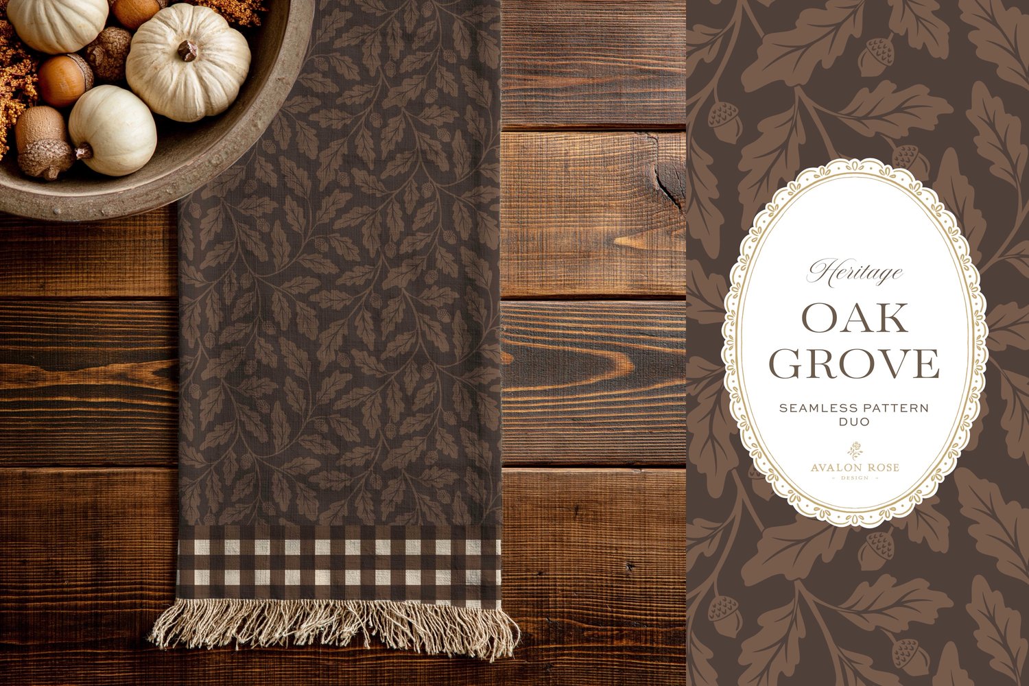 Oak Grove seamless surface pattern duo features hand drawn oak leaves and acorns in a flowing tonal design, paired with a coordinating gingham check in dark brown on a table runner