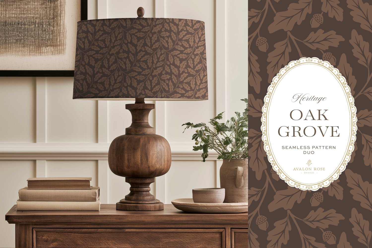Oak Grove seamless surface pattern duo features hand drawn oak leaves and acorns in a flowing tonal design, paired with a coordinating gingham check in dark brown on lampshade