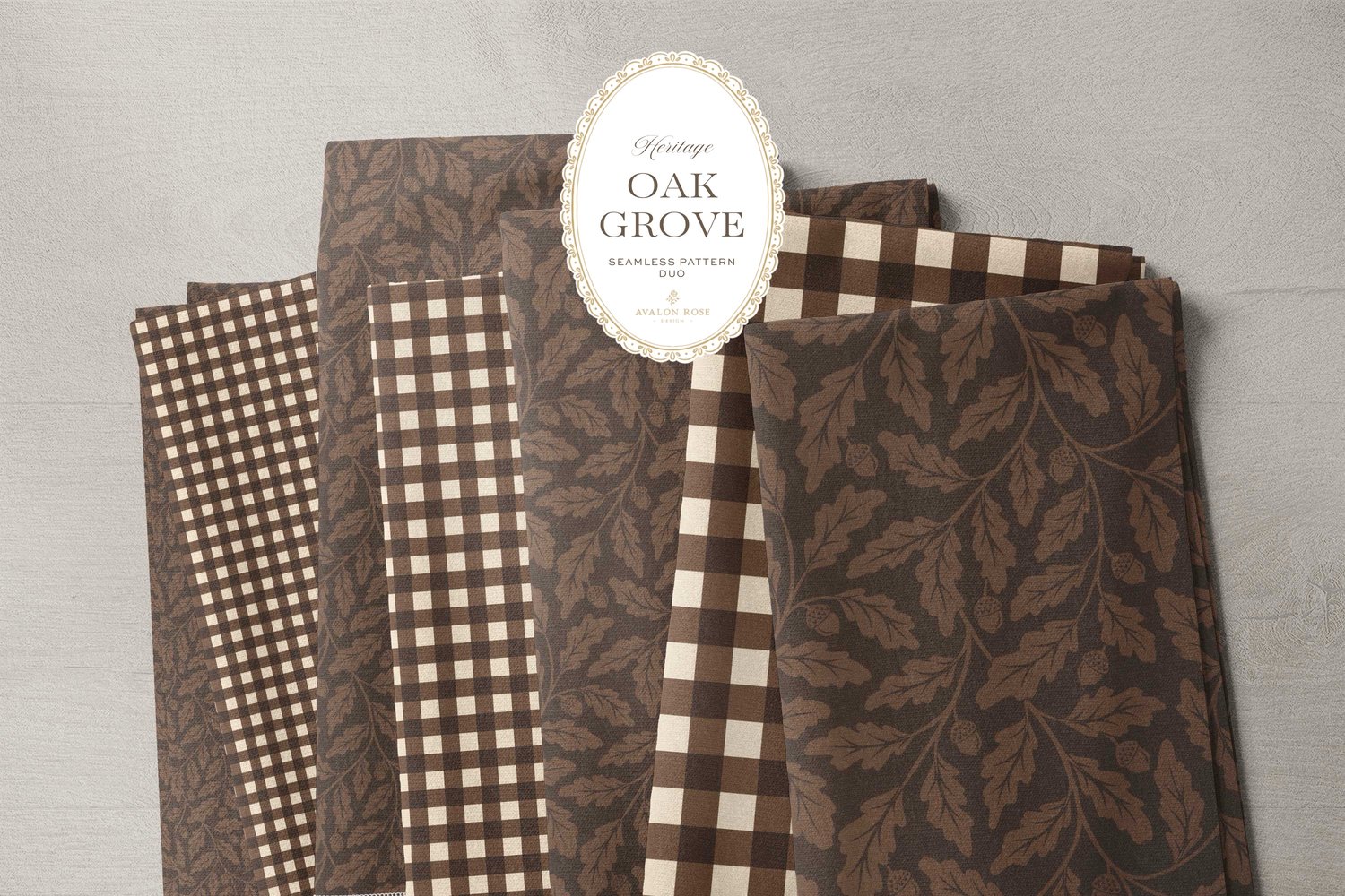 Oak Grove seamless surface pattern duo features hand drawn oak leaves and acorns in a flowing tonal design, paired with a coordinating gingham check in dark brown on bolts and fabric