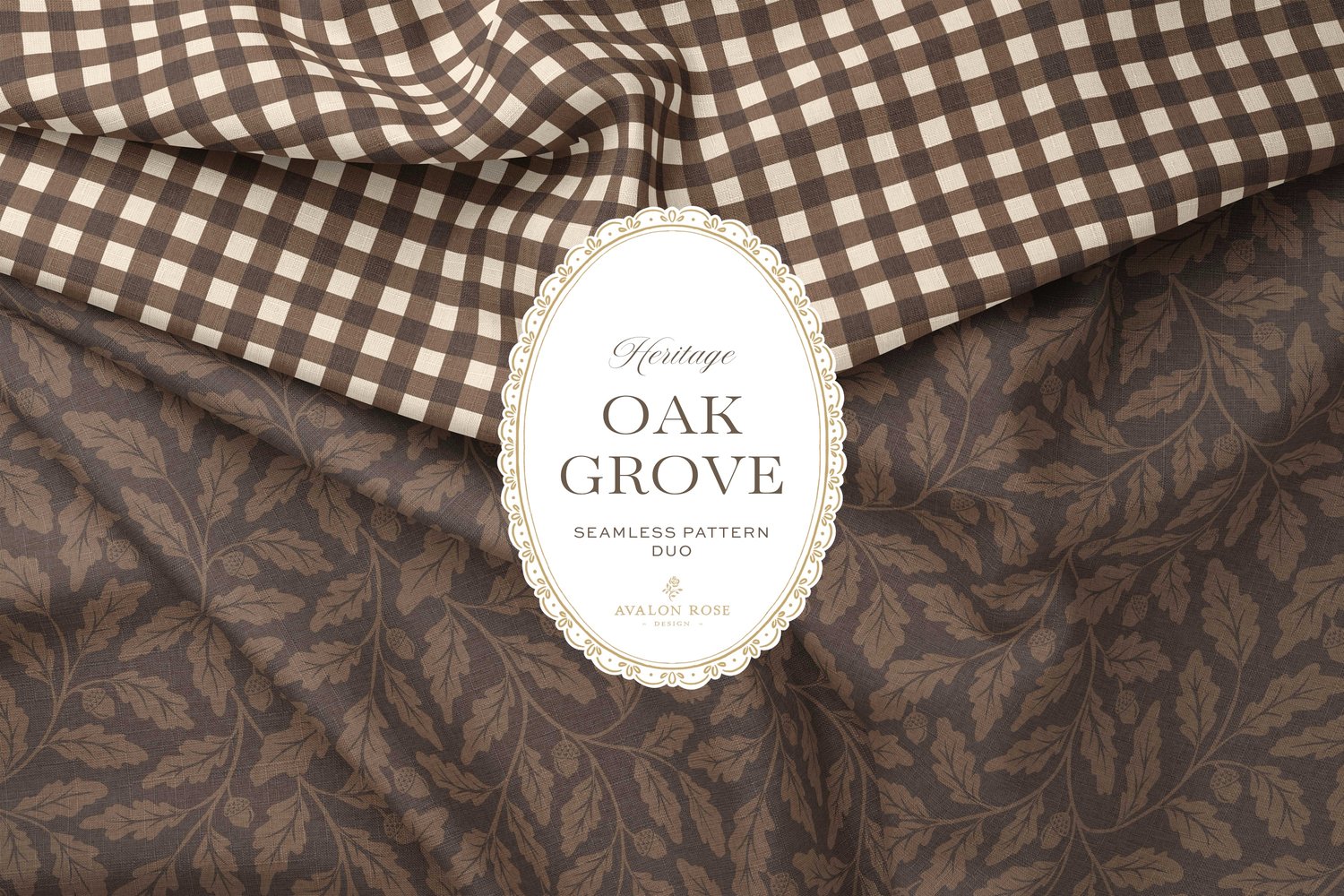 Oak Grove seamless surface pattern duo features hand drawn oak leaves and acorns in a flowing tonal design, paired with a coordinating gingham check in dark brown on folded fabric