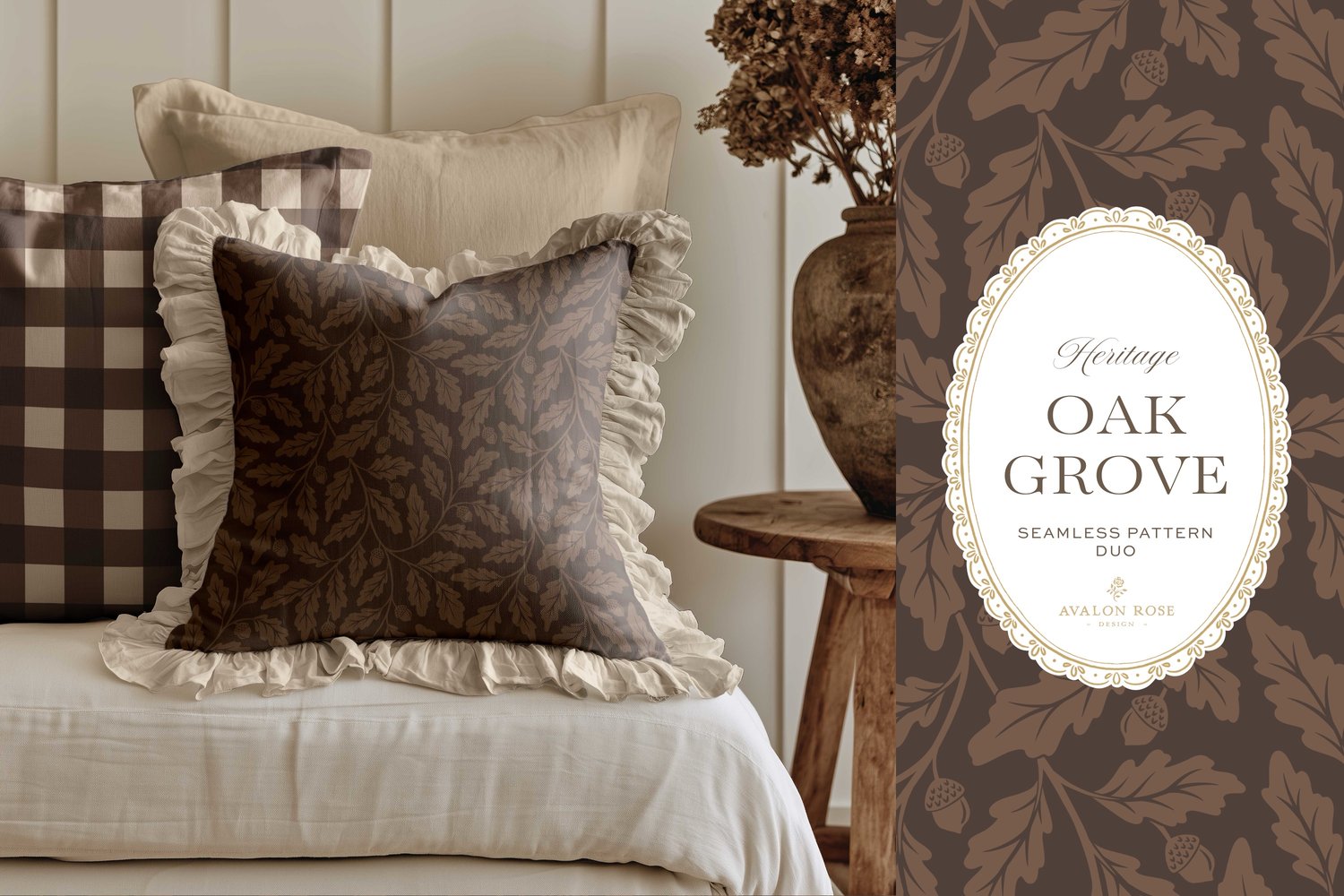 Oak Grove seamless surface pattern duo features hand drawn oak leaves and acorns in a flowing tonal design, paired with a coordinating gingham check in dark brown on a throw pillow