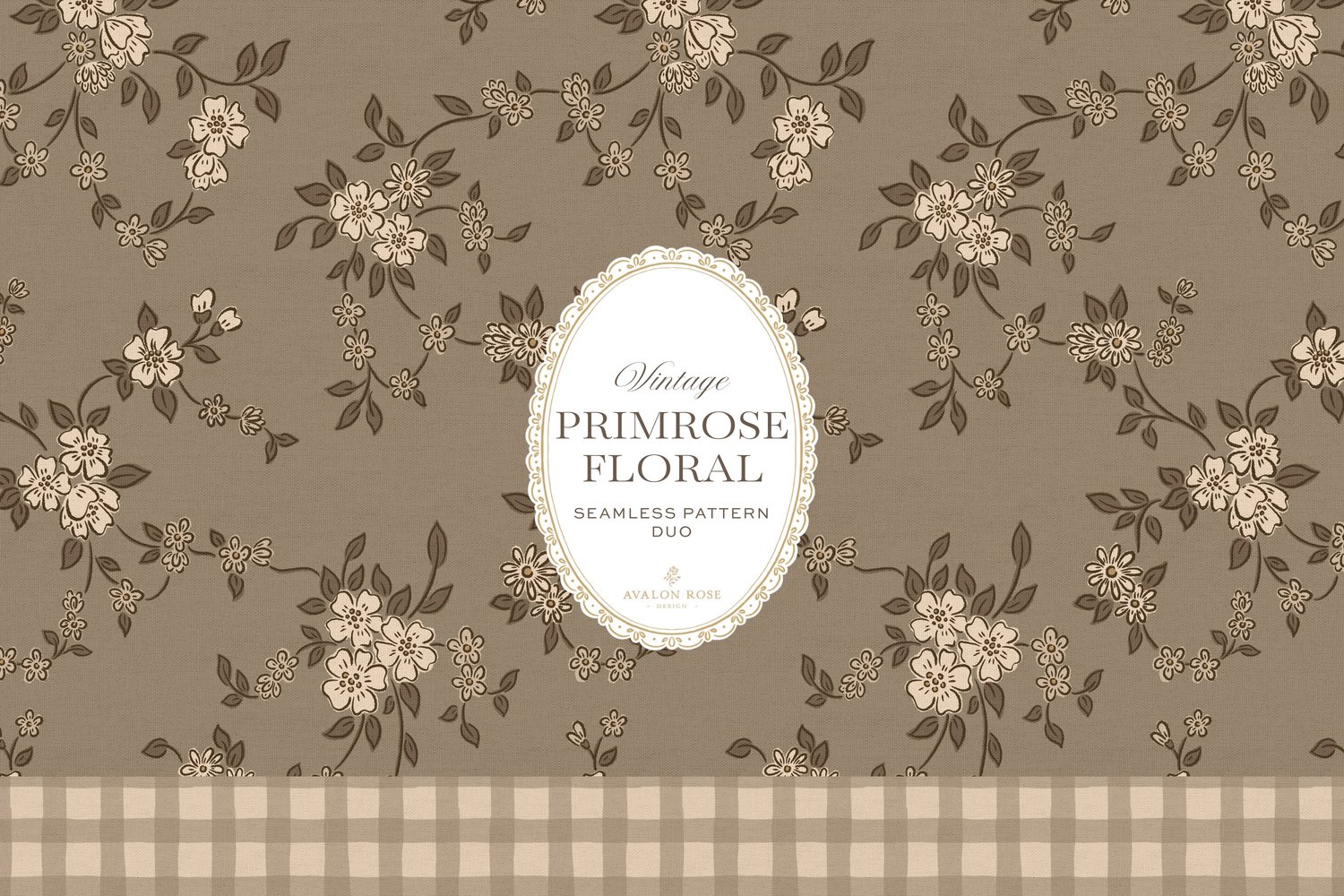 Primrose Floral seamless surface pattern duo features a hand-drawn ditsy floral with delicate blossoms and trailing vines, paired with a coordinating gingham check in beige