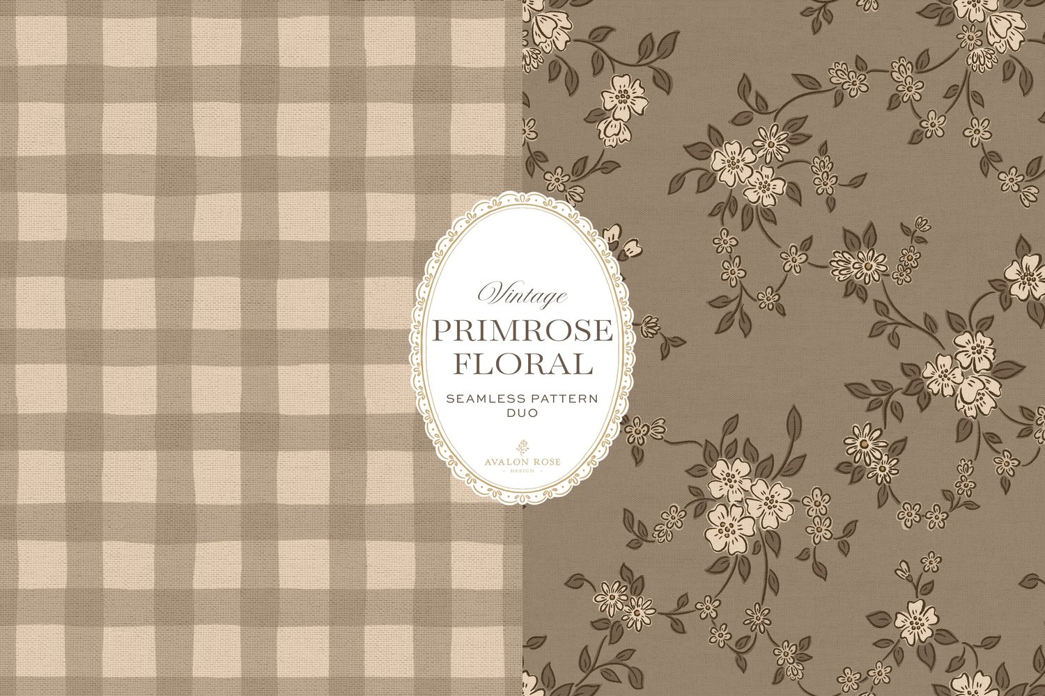 Primrose Floral seamless surface pattern duo features a hand-drawn ditsy floral with delicate blossoms and trailing vines, paired with a coordinating gingham check in beige
