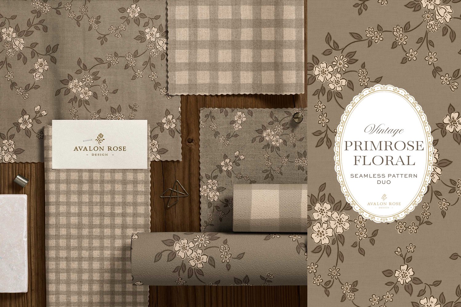 Primrose Floral seamless surface pattern duo features a hand-drawn ditsy floral with delicate blossoms and trailing vines, paired with a coordinating gingham check in beige on fabric and wallpaper swatches