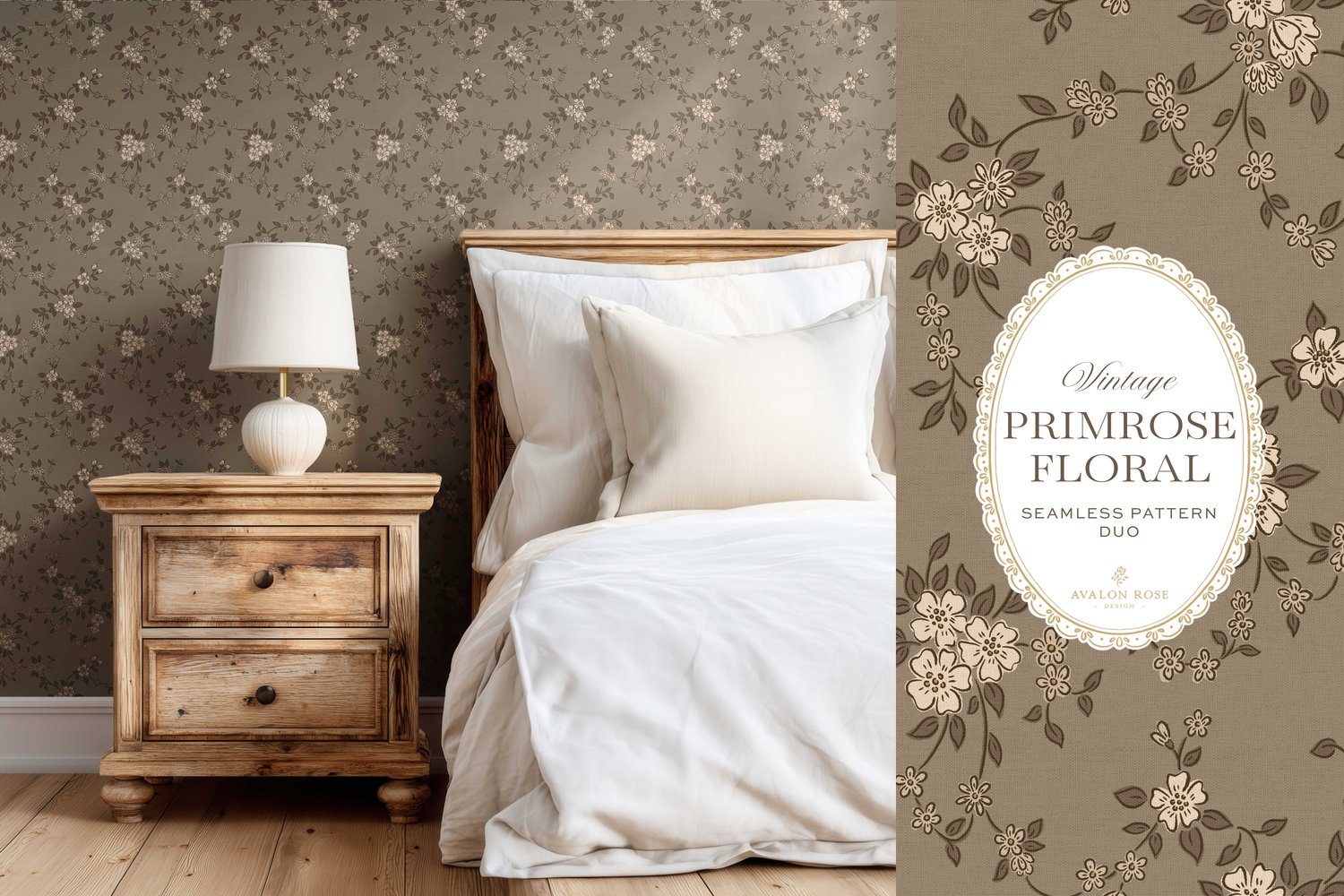 Primrose Floral seamless surface pattern duo features a hand-drawn ditsy floral with delicate blossoms and trailing vines, paired with a coordinating gingham check in beige on bedroom wallpaper