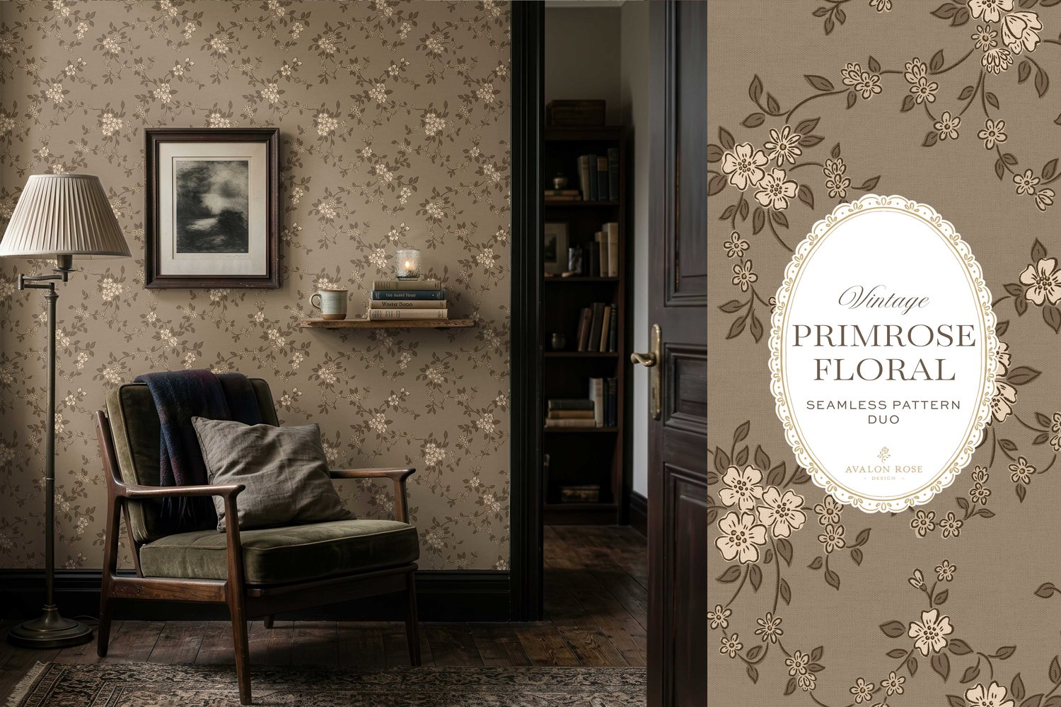 Primrose Floral seamless surface pattern duo features a hand-drawn ditsy floral with delicate blossoms and trailing vines, paired with a coordinating gingham check in beige on wallpaper