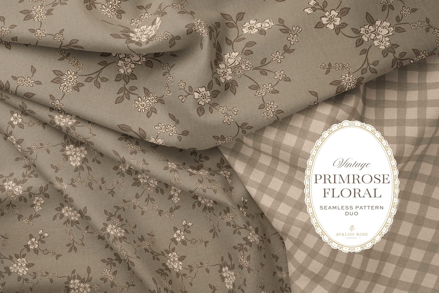 Primrose Floral seamless surface pattern duo features a hand-drawn ditsy floral with delicate blossoms and trailing vines, paired with a coordinating gingham check in beige on creased fabric