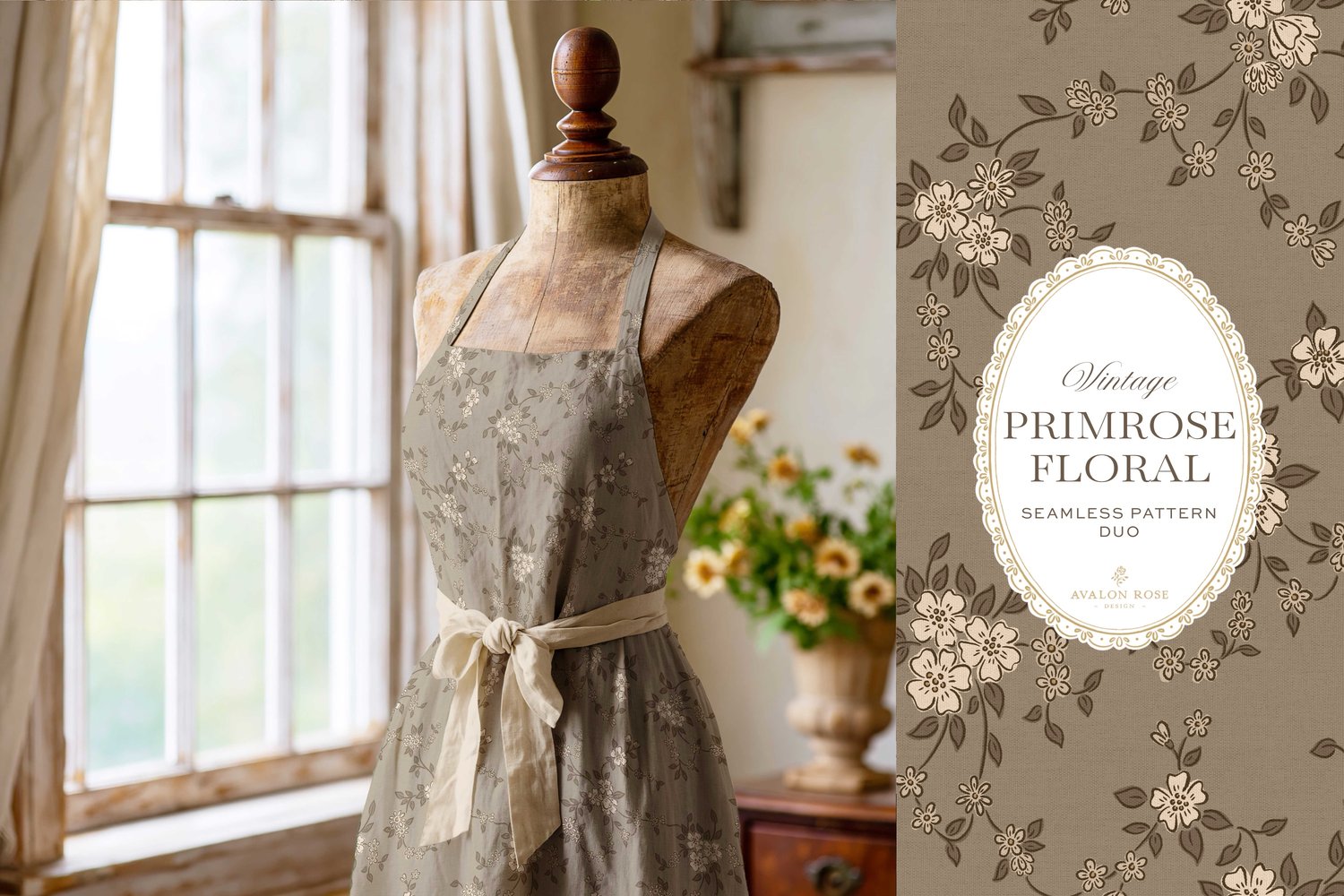Primrose Floral seamless surface pattern duo features a hand-drawn ditsy floral with delicate blossoms and trailing vines, paired with a coordinating gingham check in beige on an apron