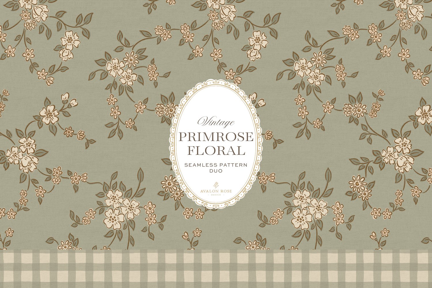 Primrose Floral seamless surface pattern duo features a hand-drawn ditsy floral with delicate blossoms and trailing vines, paired with a coordinating gingham check in sage green