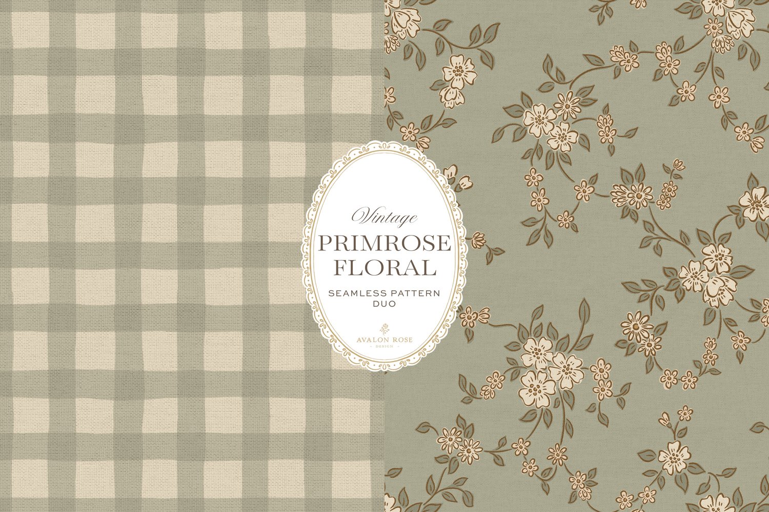 Primrose Floral seamless surface pattern duo features a hand-drawn ditsy floral with delicate blossoms and trailing vines, paired with a coordinating gingham check in sage green
