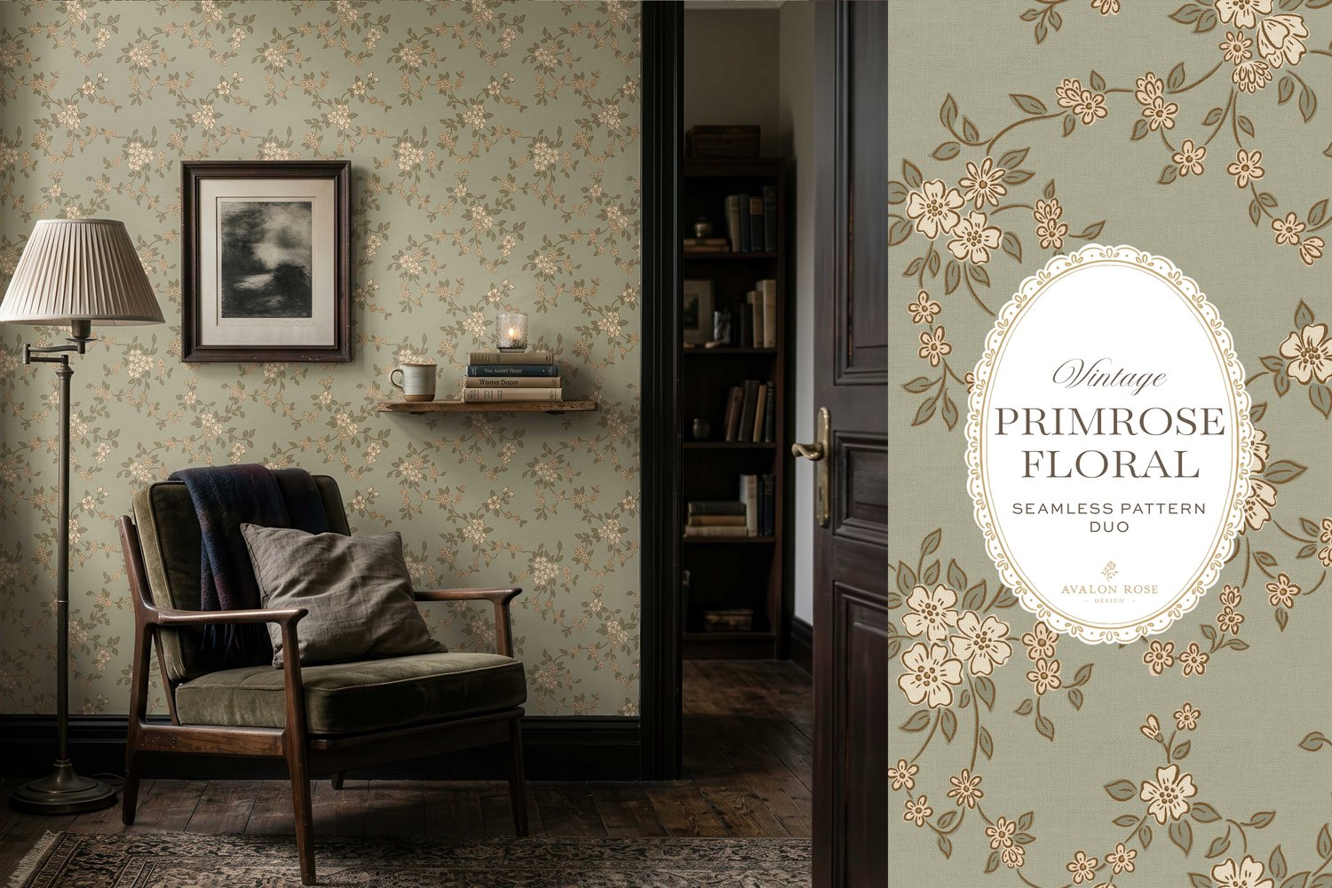 Primrose Floral seamless surface pattern duo features a hand-drawn ditsy floral with delicate blossoms and trailing vines, paired with a coordinating gingham check in sage green on wallpaper