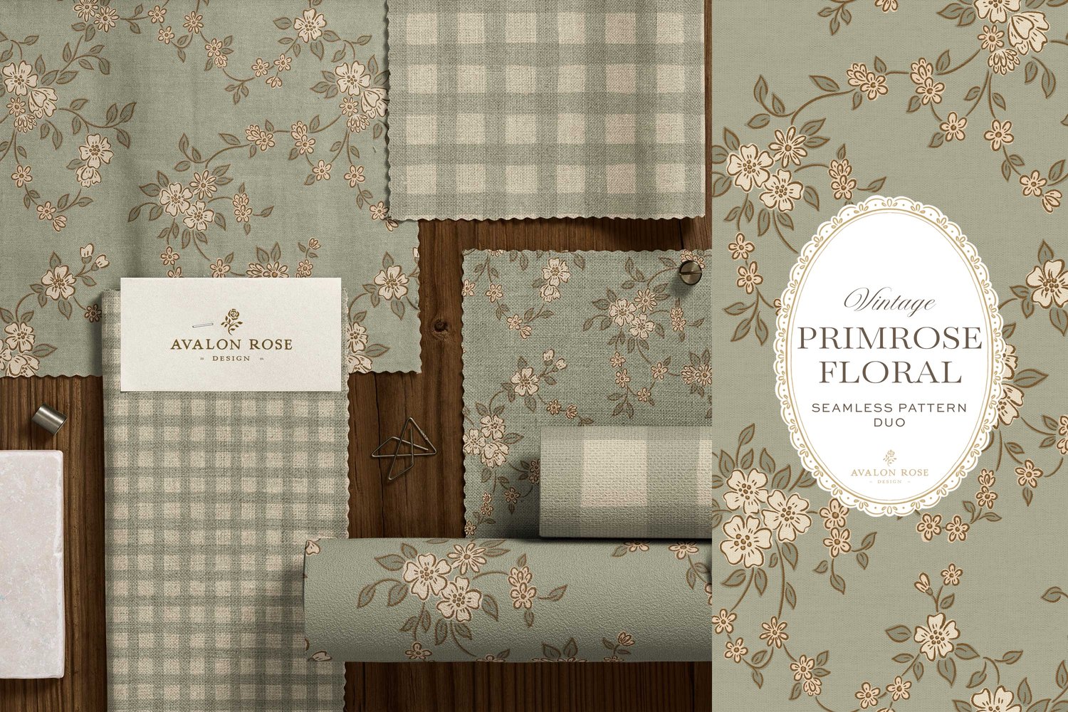 Primrose Floral seamless surface pattern duo features a hand-drawn ditsy floral with delicate blossoms and trailing vines, paired with a coordinating gingham check in sage green on fabric and wallpaper swatches