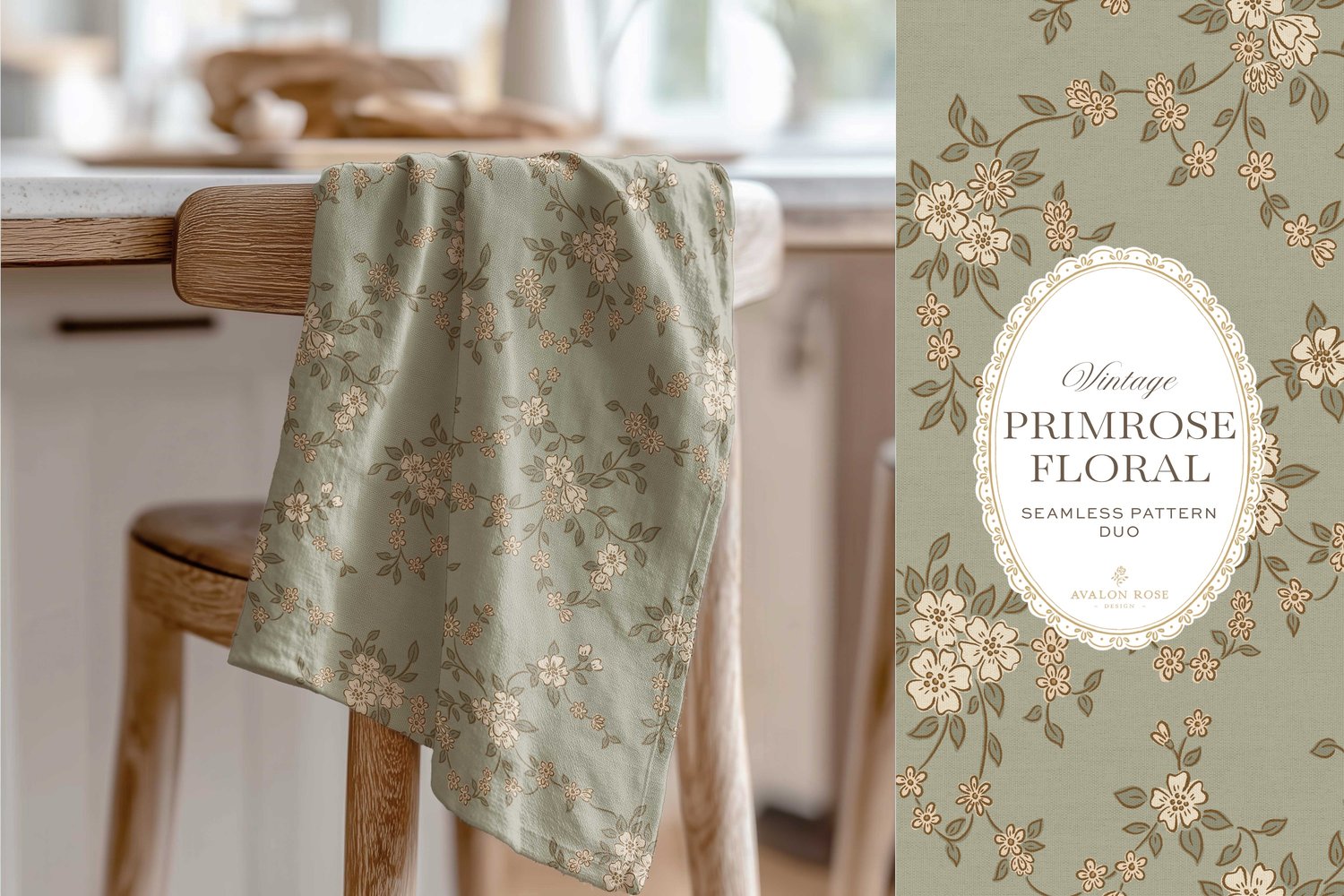 Primrose Floral seamless surface pattern duo features a hand-drawn ditsy floral with delicate blossoms and trailing vines, paired with a coordinating gingham check in sage green on a tea towel