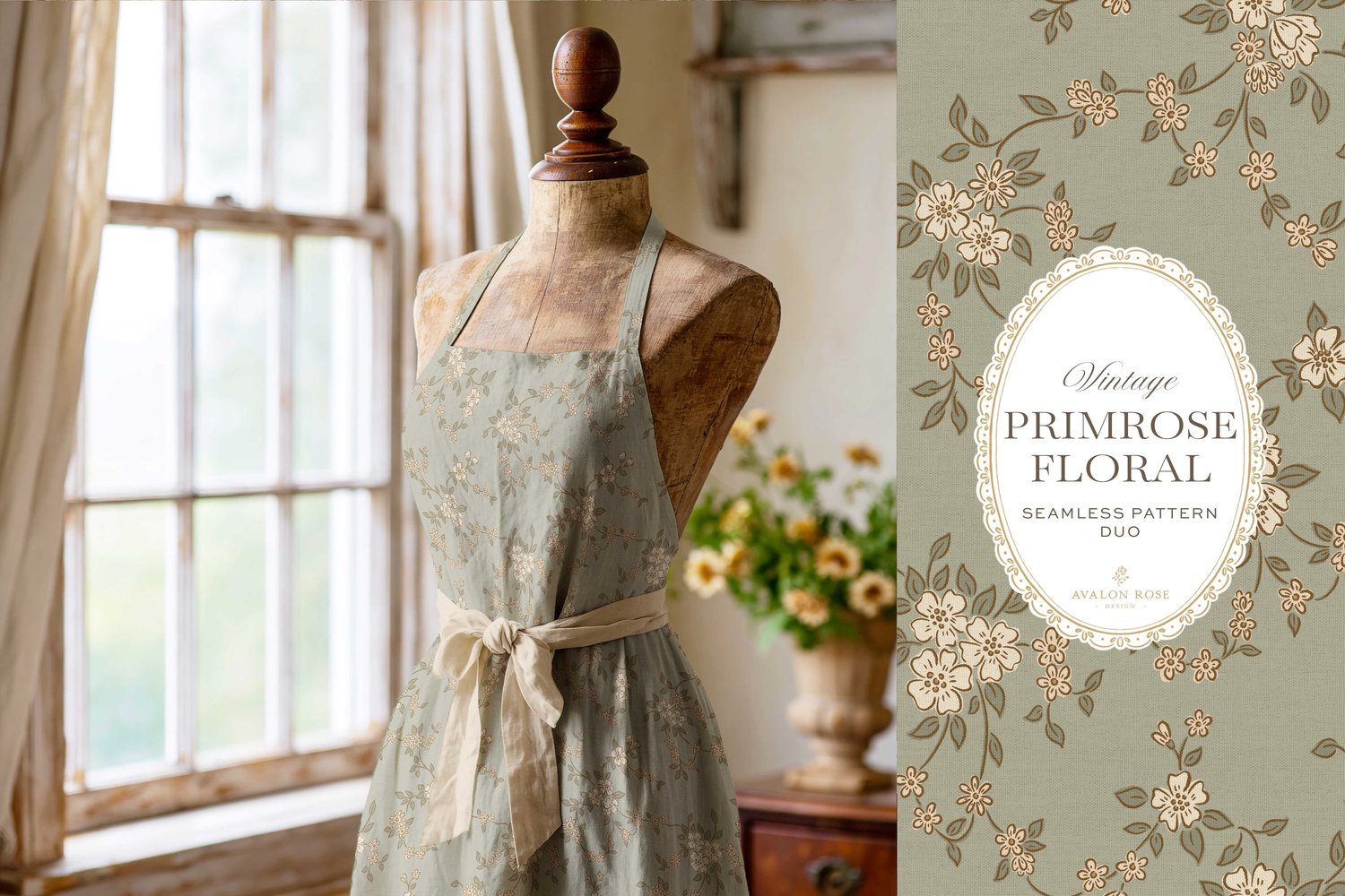 Primrose Floral seamless surface pattern duo features a hand-drawn ditsy floral with delicate blossoms and trailing vines, paired with a coordinating gingham check in sage green on an apron