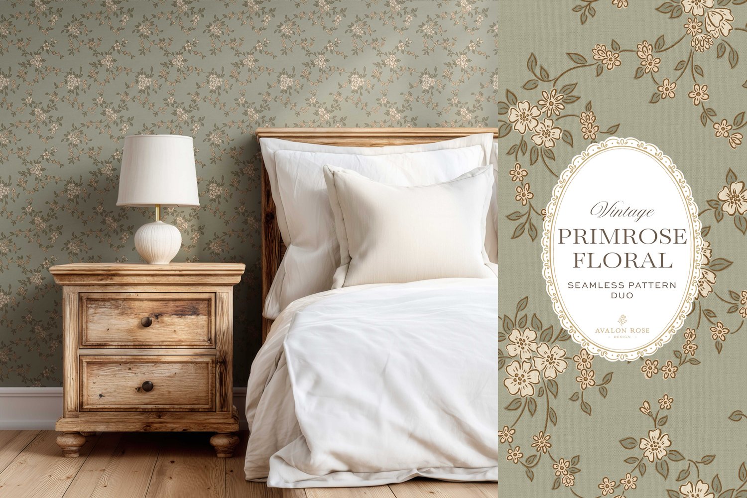 Primrose Floral seamless surface pattern duo features a hand-drawn ditsy floral with delicate blossoms and trailing vines, paired with a coordinating gingham check in sage green on wallpaper