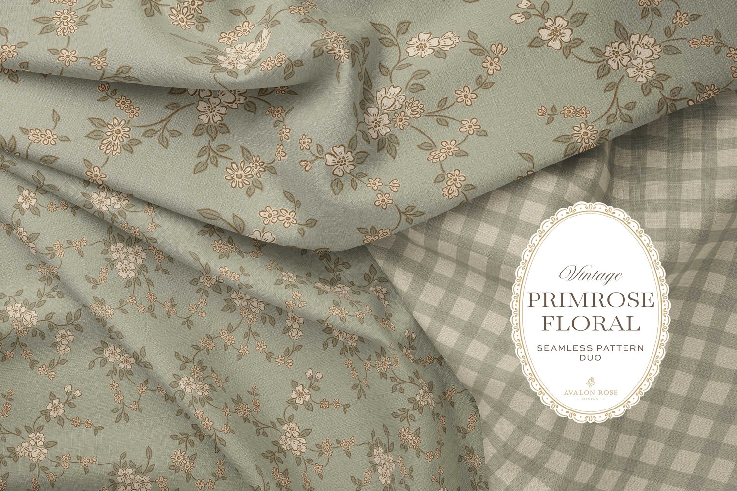 Primrose Floral seamless surface pattern duo features a hand-drawn ditsy floral with delicate blossoms and trailing vines, paired with a coordinating gingham check in sage green on creased fabric