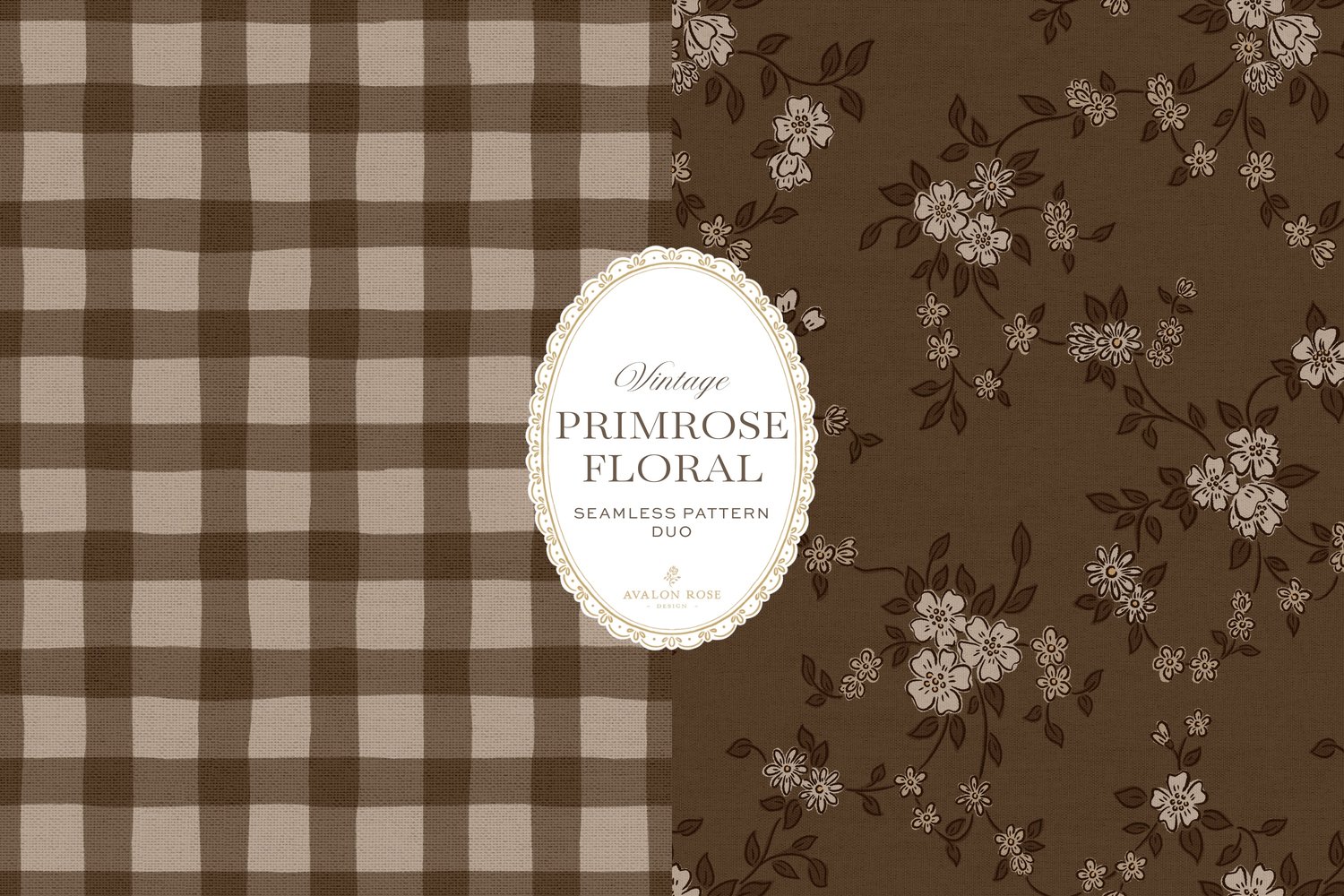 Primrose Floral seamless surface pattern duo features a hand-drawn ditsy floral with delicate blossoms and trailing vines, paired with a coordinating gingham check in dark brown