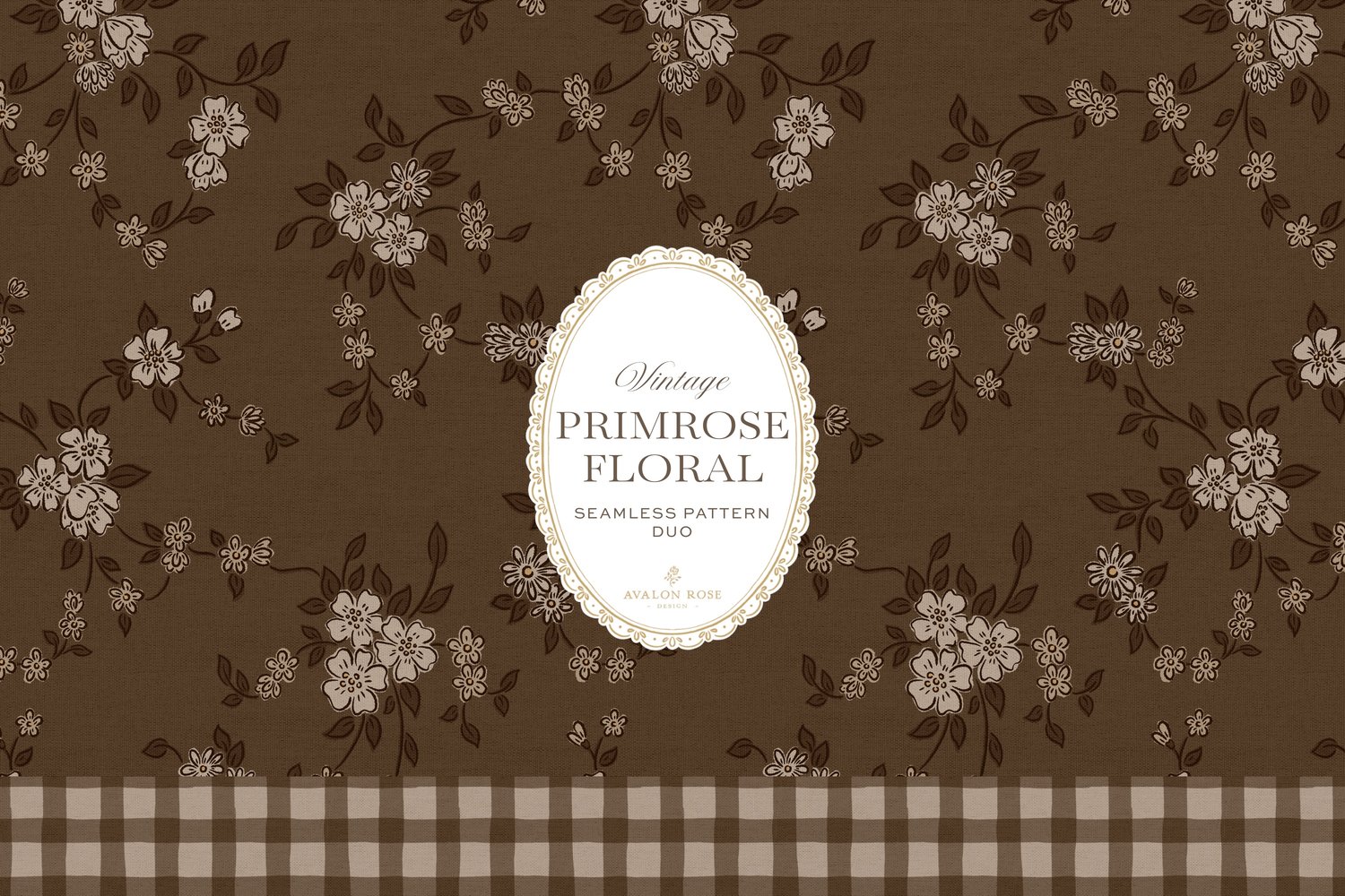 Primrose Floral seamless surface pattern duo features a hand-drawn ditsy floral with delicate blossoms and trailing vines, paired with a coordinating gingham check in dark brown