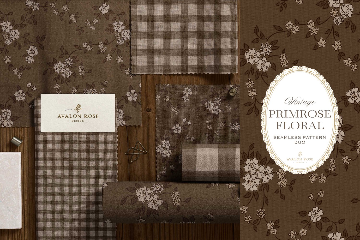 Primrose Floral seamless surface pattern duo features a hand-drawn ditsy floral with delicate blossoms and trailing vines, paired with a coordinating gingham check in dark brown on fabric and wallpaper swatches
