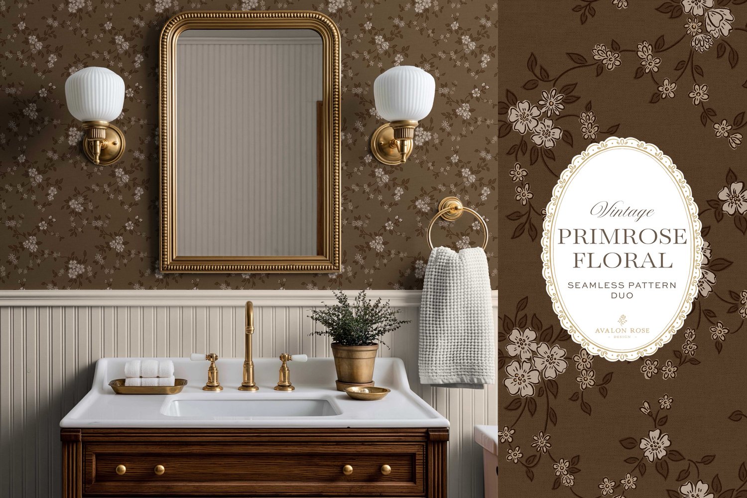 Primrose Floral seamless surface pattern duo features a hand-drawn ditsy floral with delicate blossoms and trailing vines, paired with a coordinating gingham check in dark brown on bathroom wallpaper