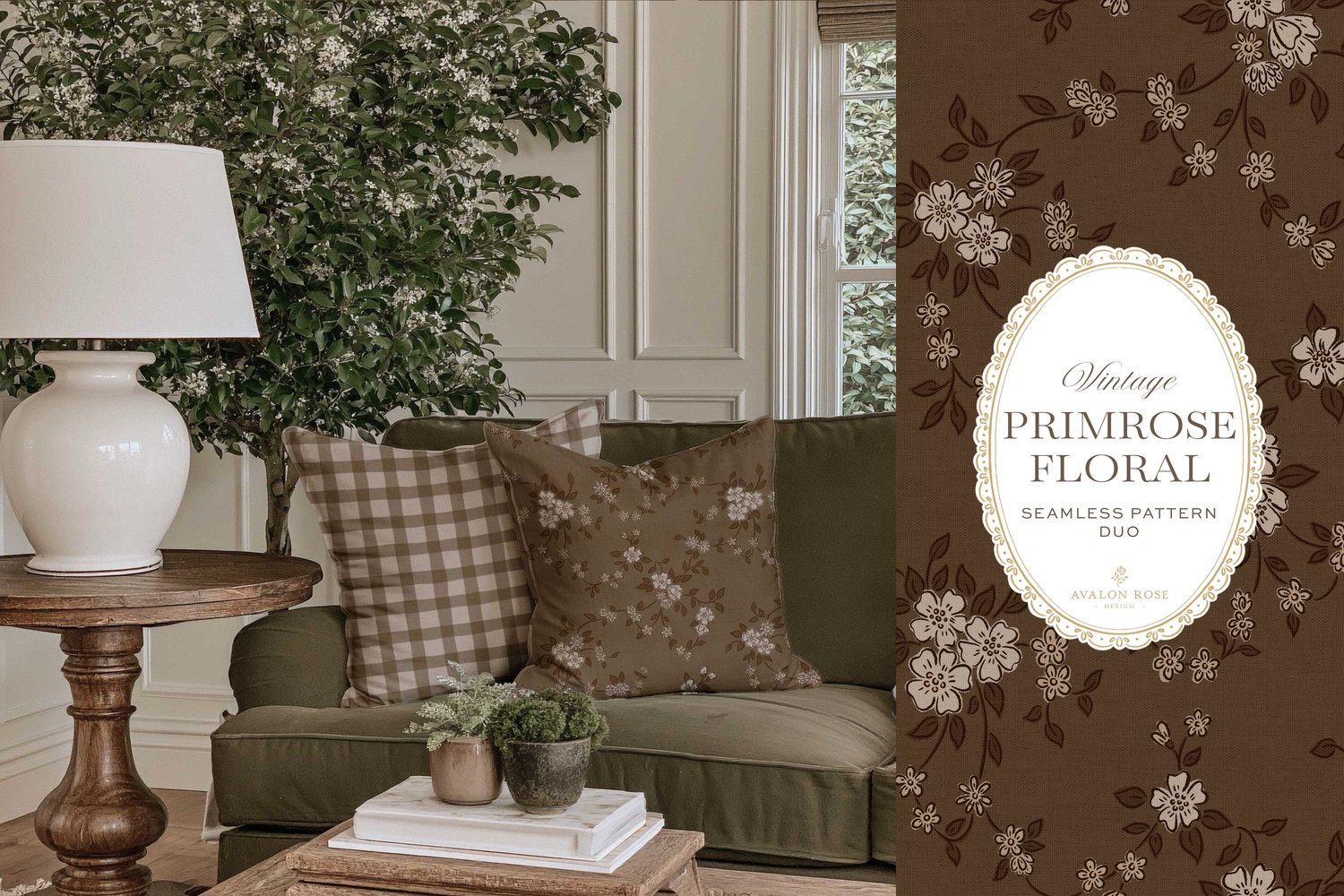 Primrose Floral seamless surface pattern duo features a hand-drawn ditsy floral with delicate blossoms and trailing vines, paired with a coordinating gingham check in dark brown on throw pillows