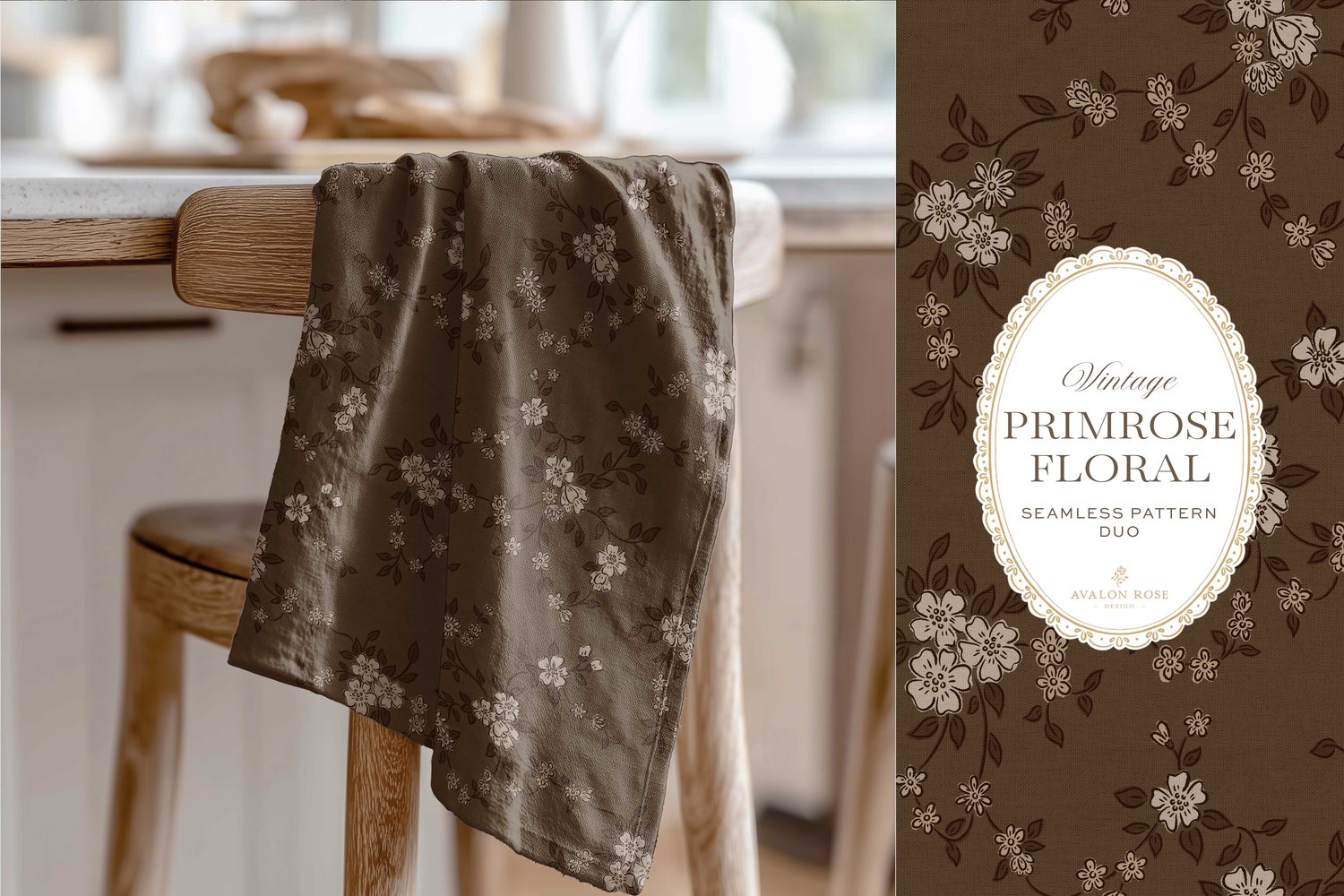 Primrose Floral seamless surface pattern duo features a hand-drawn ditsy floral with delicate blossoms and trailing vines, paired with a coordinating gingham check in dark brown on a tea towel