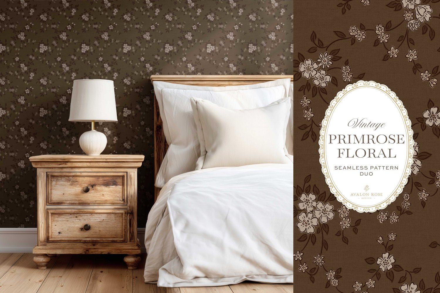 Primrose Floral seamless surface pattern duo features a hand-drawn ditsy floral with delicate blossoms and trailing vines, paired with a coordinating gingham check in dark brown on bedroom wallpaper