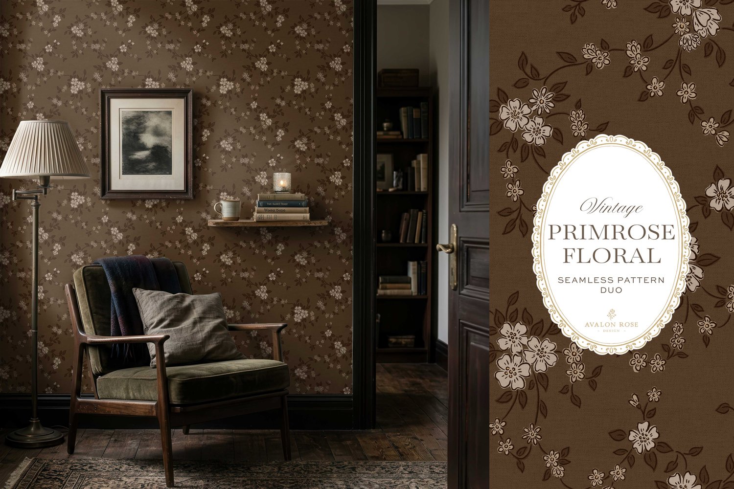 Primrose Floral seamless surface pattern duo features a hand-drawn ditsy floral with delicate blossoms and trailing vines, paired with a coordinating gingham check in dark brown on wallpaper