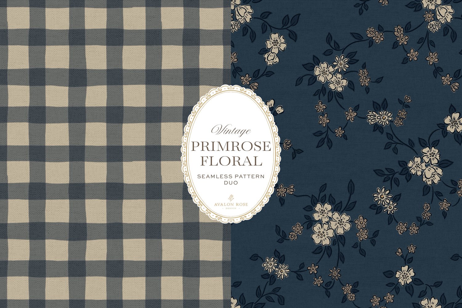 Primrose Floral seamless surface pattern duo features a hand-drawn ditsy floral with delicate blossoms and trailing vines, paired with a coordinating gingham check in navy blue