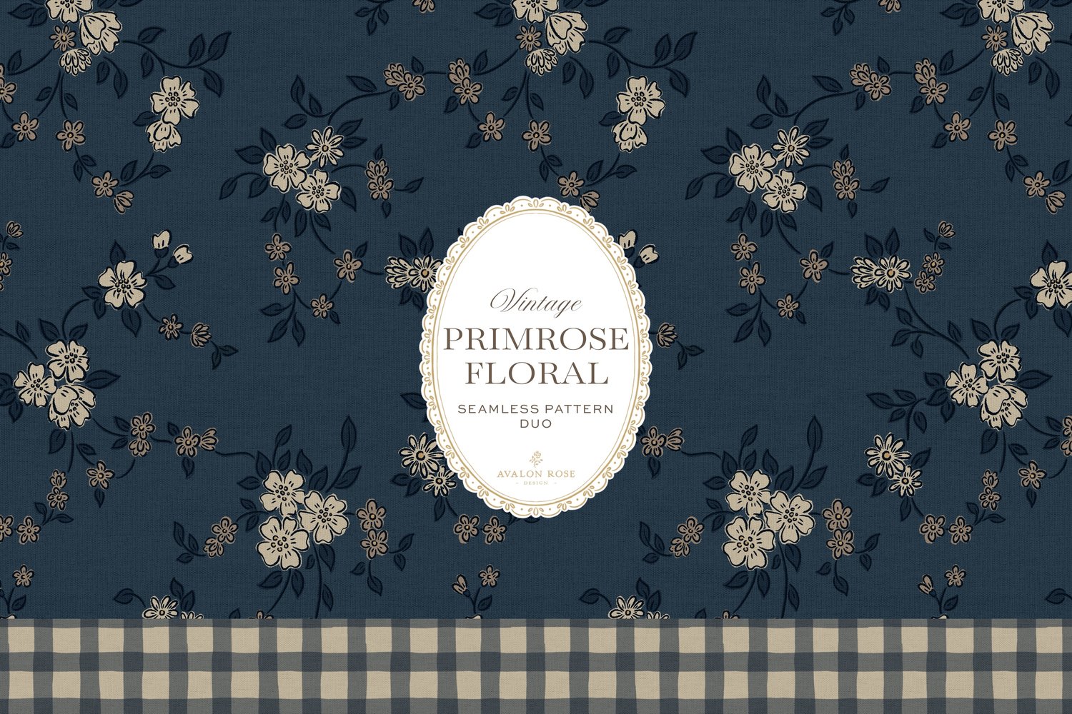 Primrose Floral seamless surface pattern duo features a hand-drawn ditsy floral with delicate blossoms and trailing vines, paired with a coordinating gingham check in navy blue