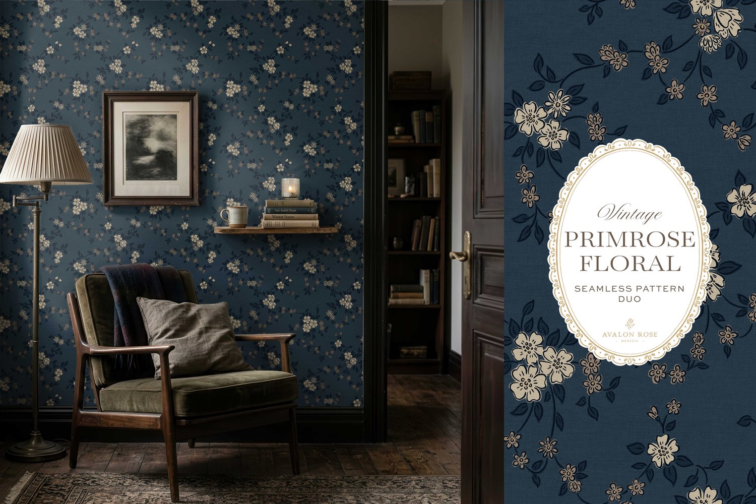 Primrose Floral seamless surface pattern duo features a hand-drawn ditsy floral with delicate blossoms and trailing vines, paired with a coordinating gingham check in navy blue on wallpaper