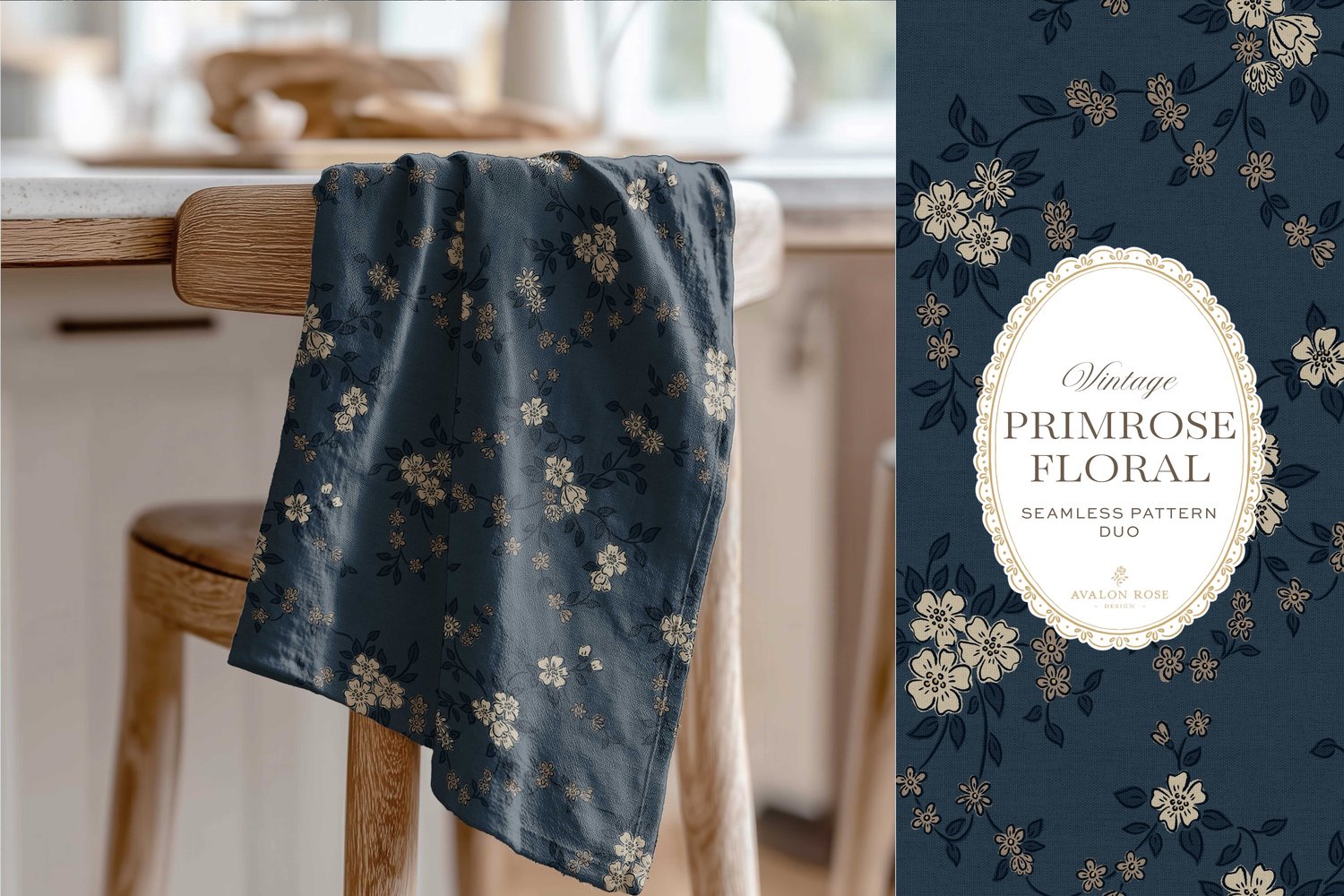 Primrose Floral seamless surface pattern duo features a hand-drawn ditsy floral with delicate blossoms and trailing vines, paired with a coordinating gingham check in navy blue on a tea towel