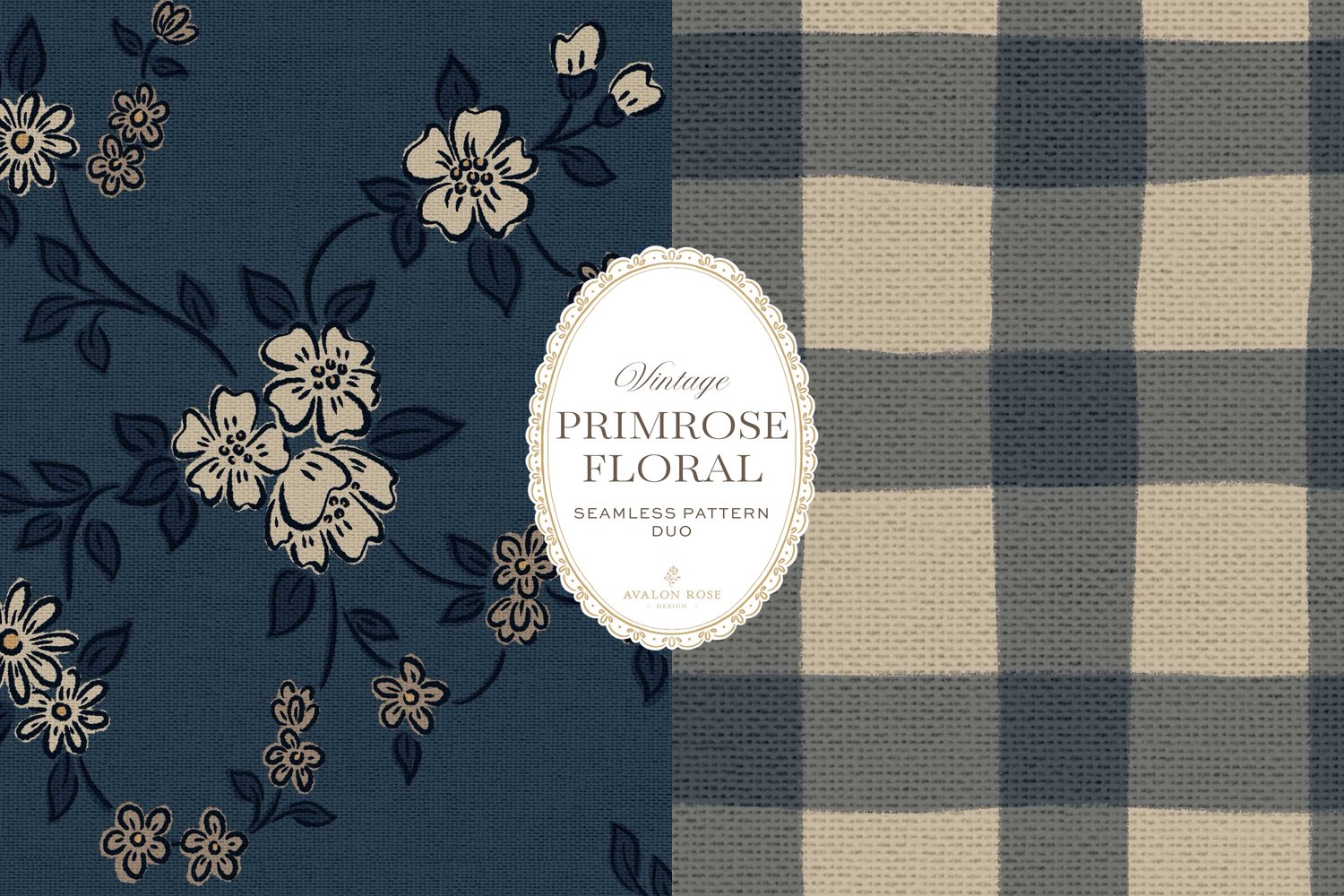 Primrose Floral seamless surface pattern duo features a hand-drawn ditsy floral with delicate blossoms and trailing vines, paired with a coordinating gingham check in navy blue