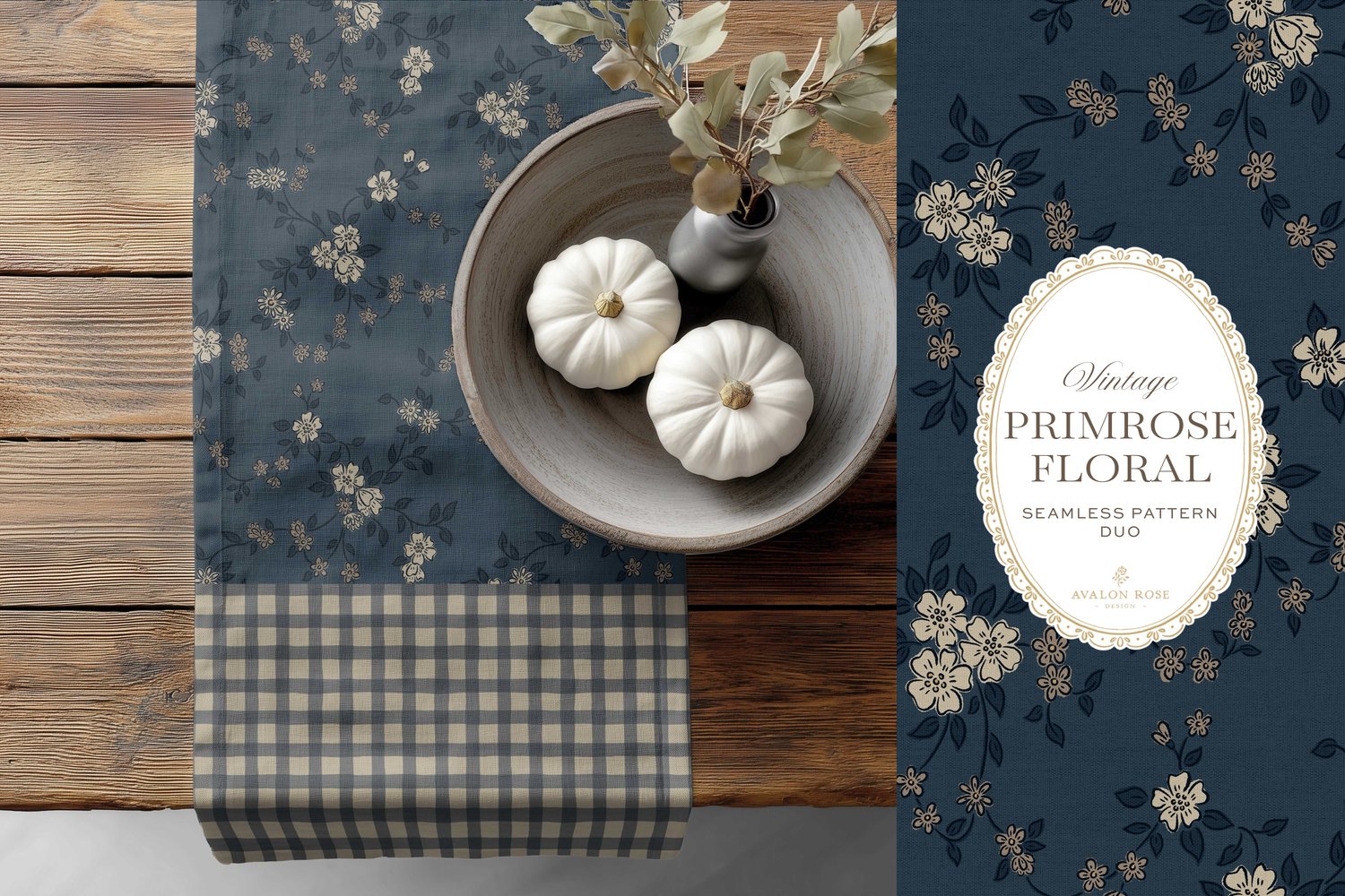 Primrose Floral seamless surface pattern duo features a hand-drawn ditsy floral with delicate blossoms and trailing vines, paired with a coordinating gingham check in navy blue on a table runner