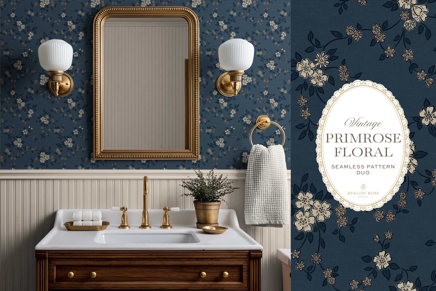 Primrose Floral seamless surface pattern duo features a hand-drawn ditsy floral with delicate blossoms and trailing vines, paired with a coordinating gingham check in navy blue on bathroom wallpaper