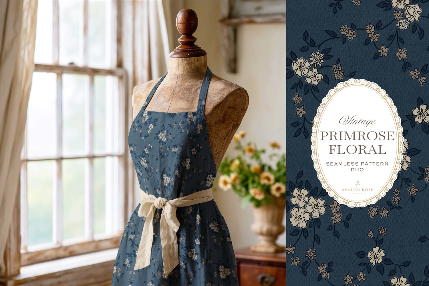 Primrose Floral seamless surface pattern duo features a hand-drawn ditsy floral with delicate blossoms and trailing vines, paired with a coordinating gingham check in navy blue on an apron