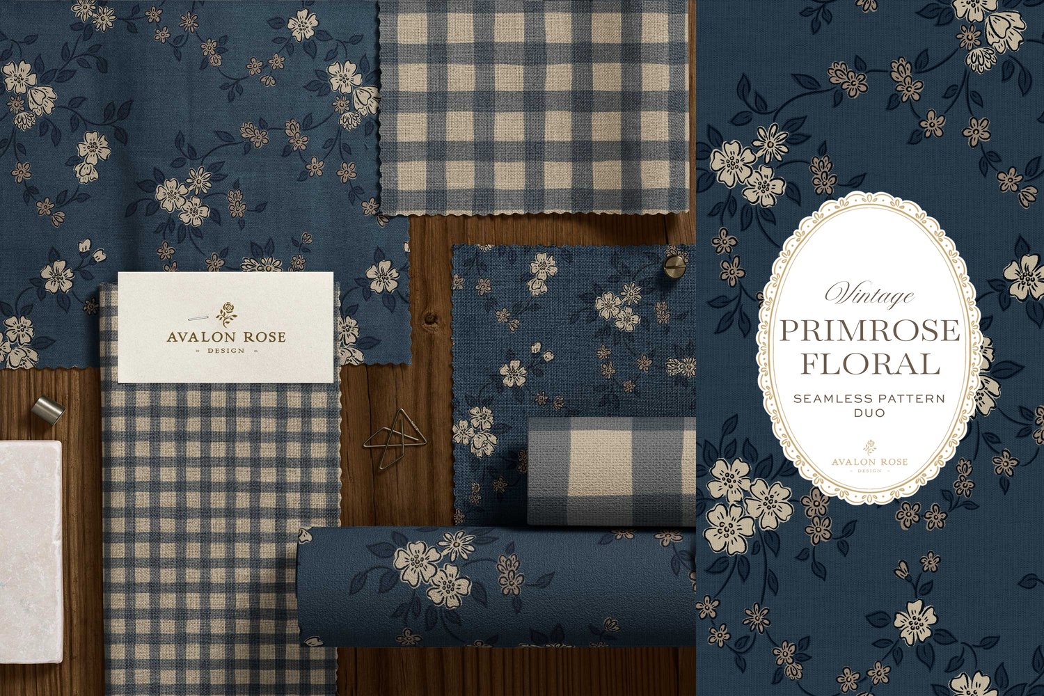 Primrose Floral seamless surface pattern duo features a hand-drawn ditsy floral with delicate blossoms and trailing vines, paired with a coordinating gingham check in navy blue on fabric and wallpaper swatches