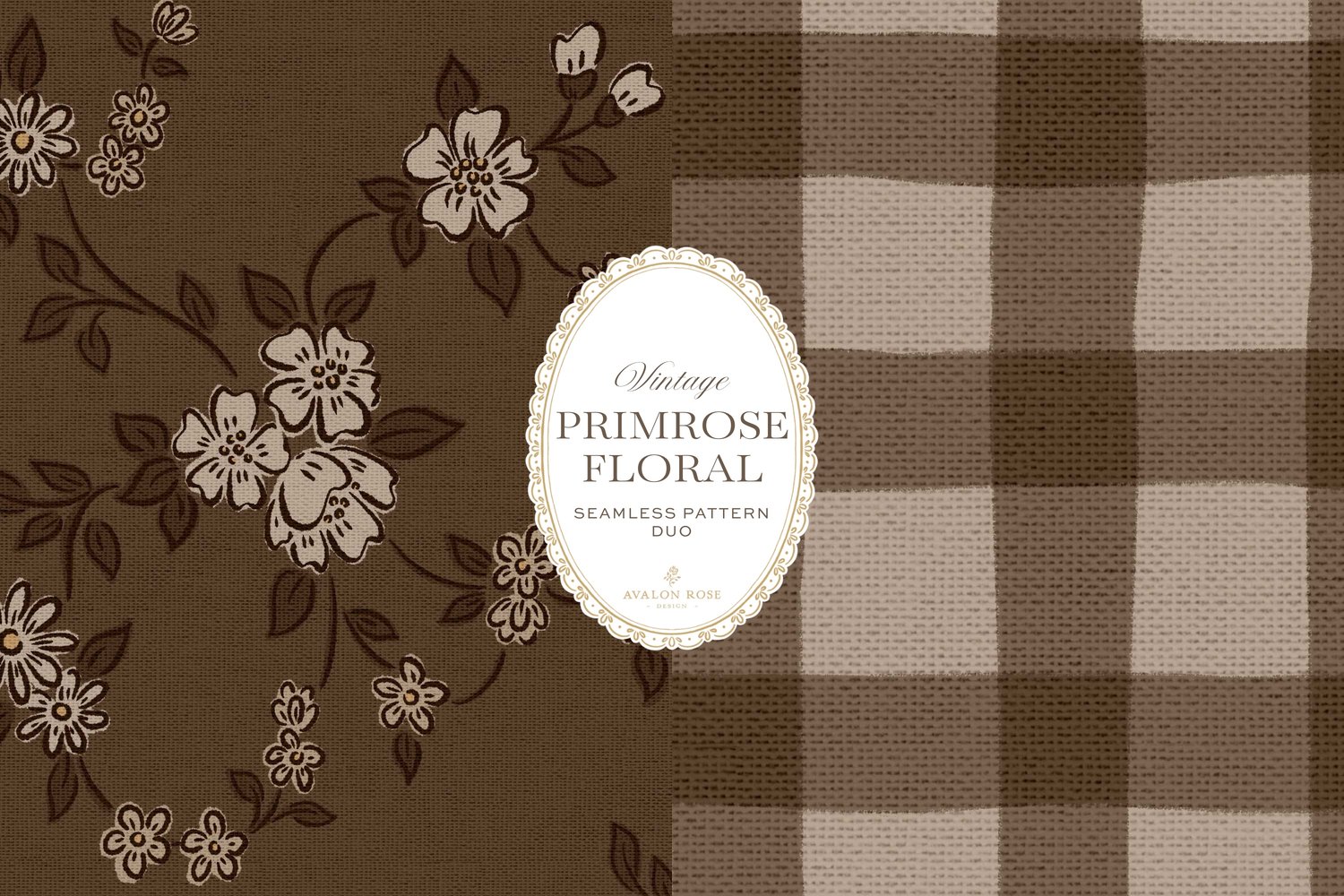 Primrose Floral seamless surface pattern duo features a hand-drawn ditsy floral with delicate blossoms and trailing vines, paired with a coordinating gingham check in dark brown