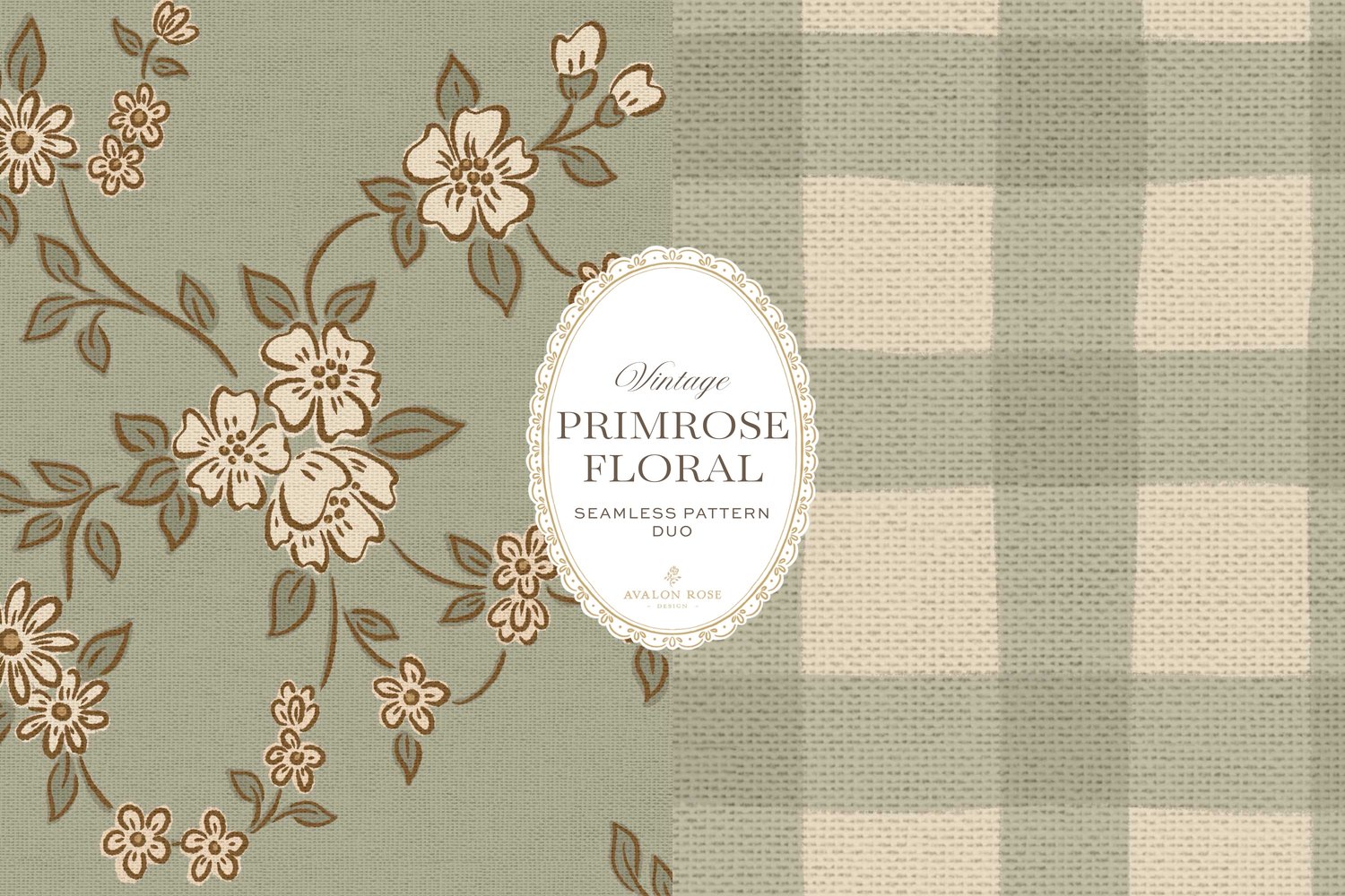 Primrose Floral seamless surface pattern duo features a hand-drawn ditsy floral with delicate blossoms and trailing vines, paired with a coordinating gingham check in sage green